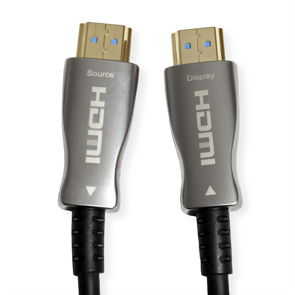 Zwei silberne HDMI-Kabel mit Goldsteckern, beschriftet mit Source und Display.