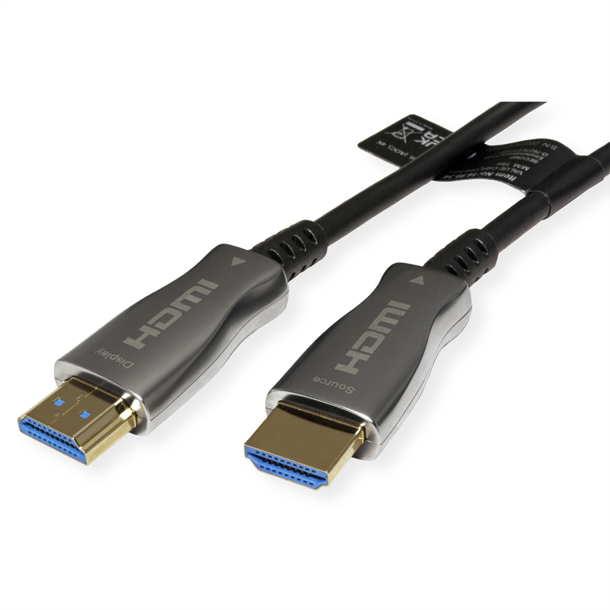 HDMI-Kabel mit Display- und Quellanschlüssen.