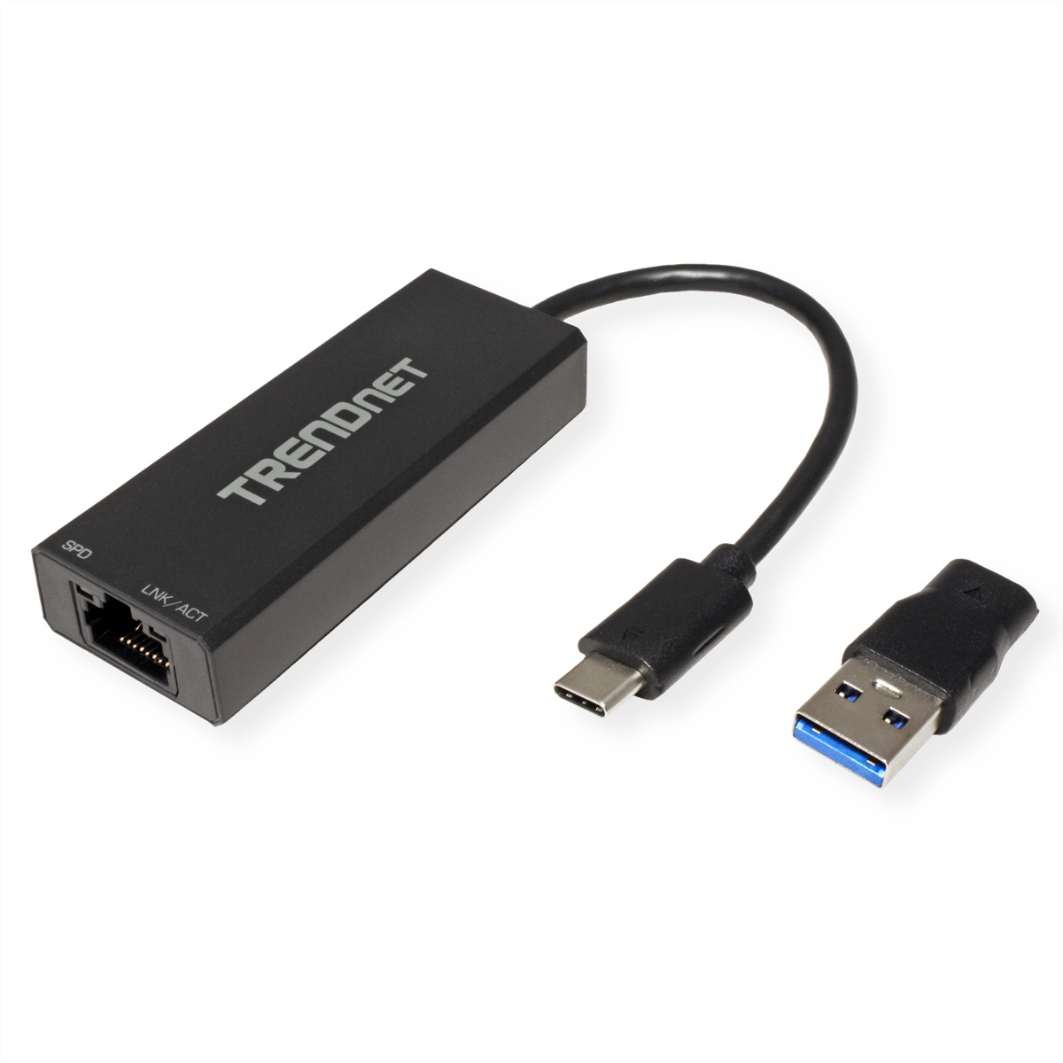 Schwarzer TRENDnet Adapter mit Ethernet- und USB-Anschlüssen.