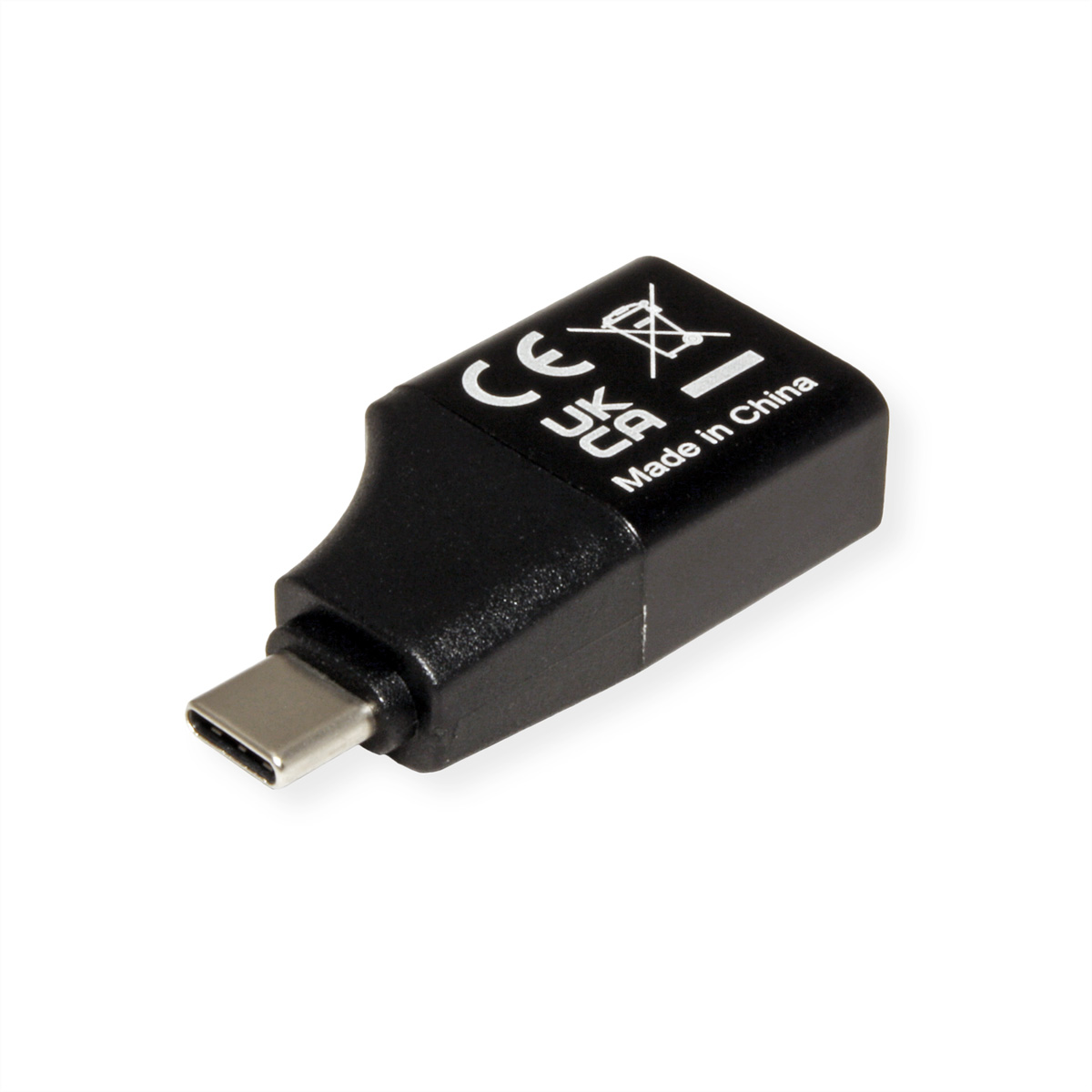 Un adaptateur USB-C noir avec des marquages, sur une surface blanche.