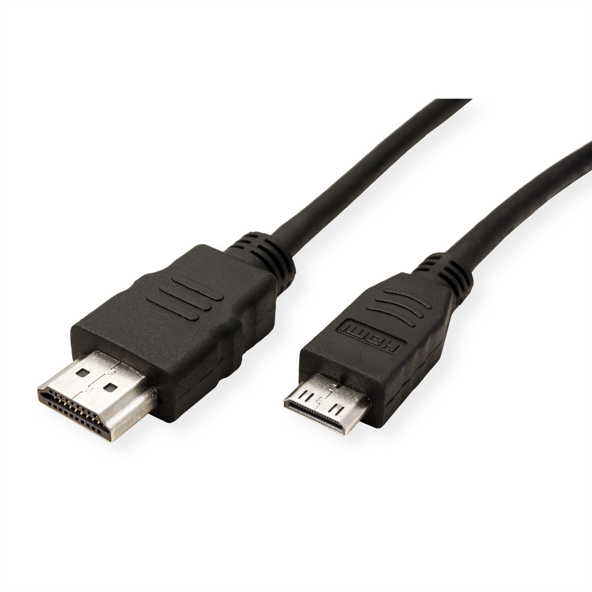 Zwarte HDMI-kabel met twee connectoren. Een is standaard HDMI, de andere is micro HDMI.