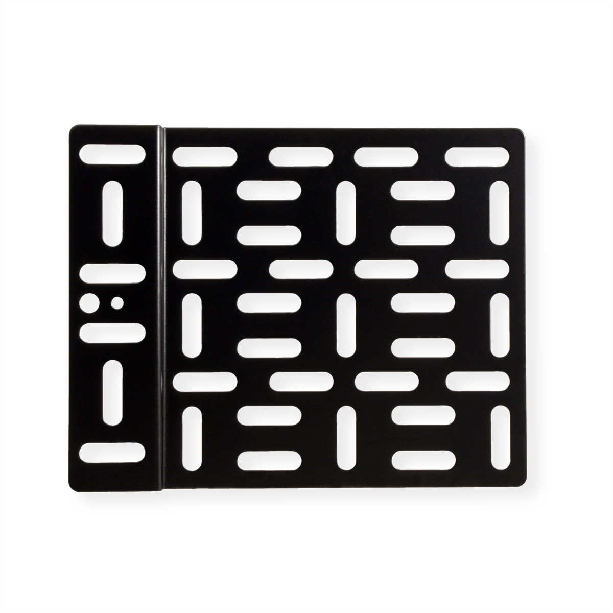 Black metal plate with a pattern of horizontal and vertical slots.