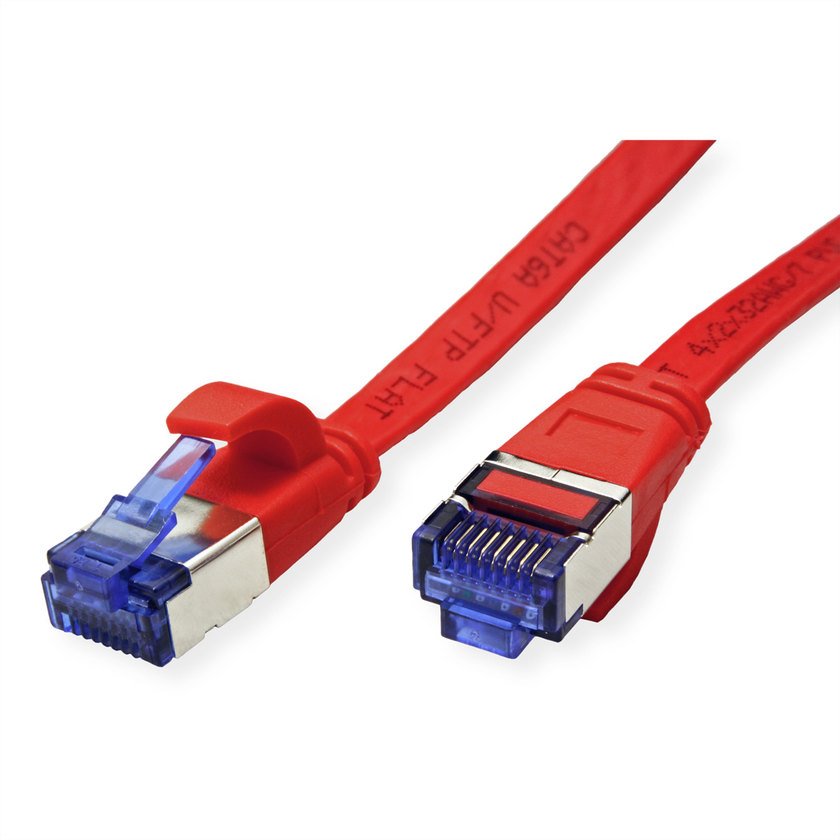 Zwei rote CAT6A U/FTP Flachkabel mit Steckern, eines mit blauer Schutzkappe.