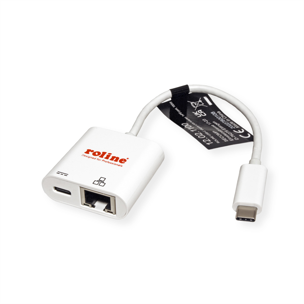 Adaptateur blanc avec port USB-C et RJ45. Câble noir. Fond blanc. Il possède un logo de marque.