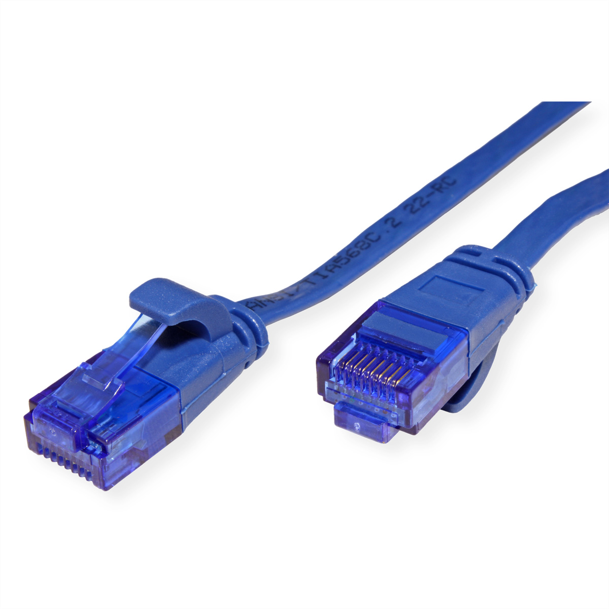 Zwei blaue Ethernet-Kabel mit Steckern. Beide Kabel sind blau und haben transparente Stecker.