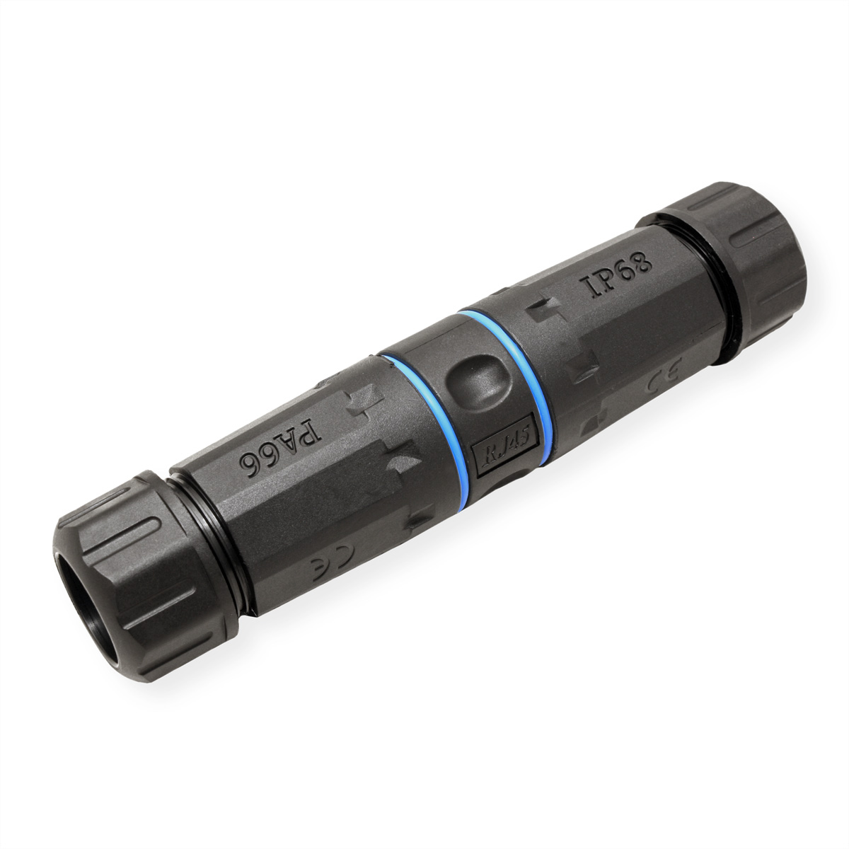 Zwarte RJ45-connector met blauwe ring, gelabeld PA66 en IP68, geïsoleerd op wit.
