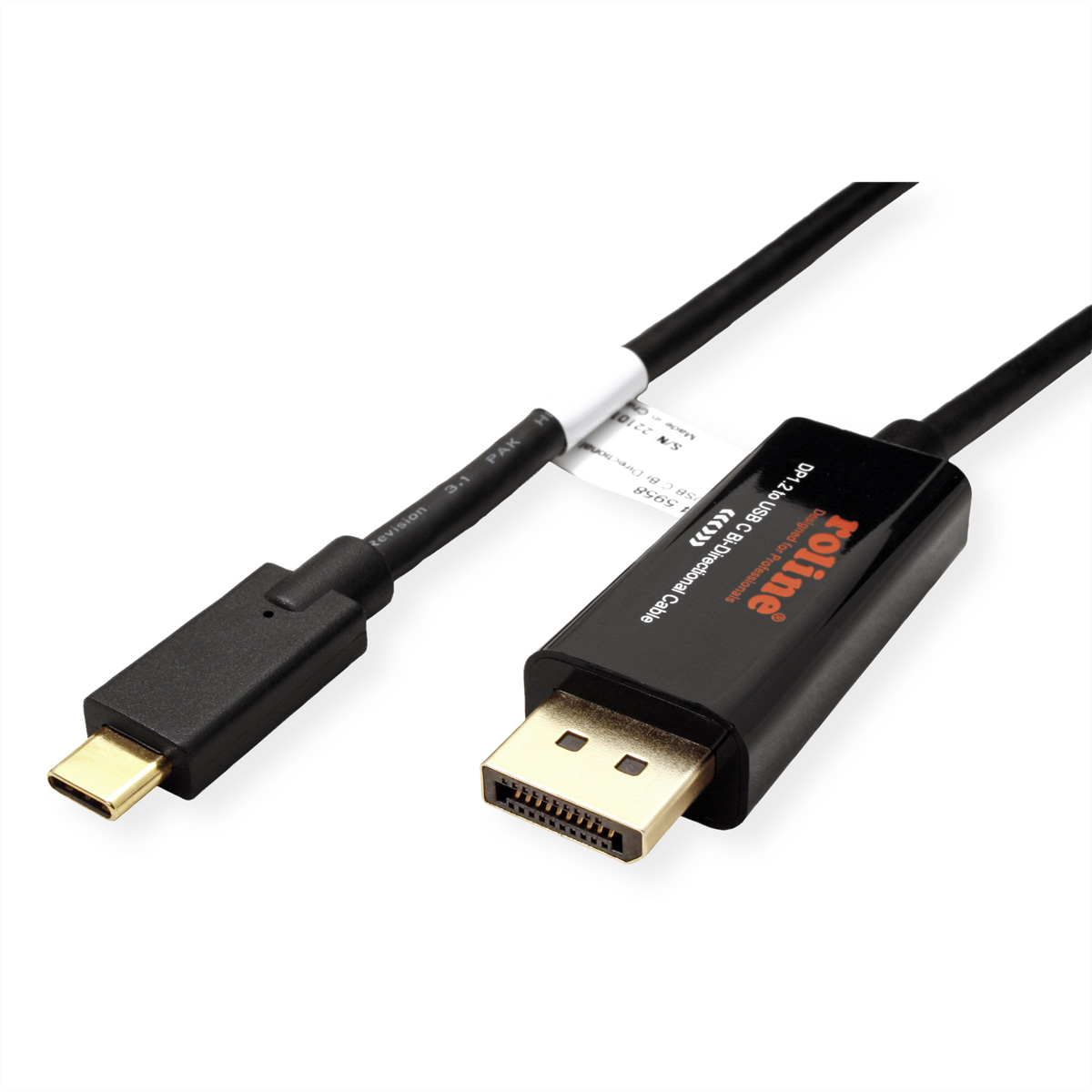 Zwarte USB-C naar DisplayPort kabel. Connector links, DisplayPort rechts, witte achtergrond.