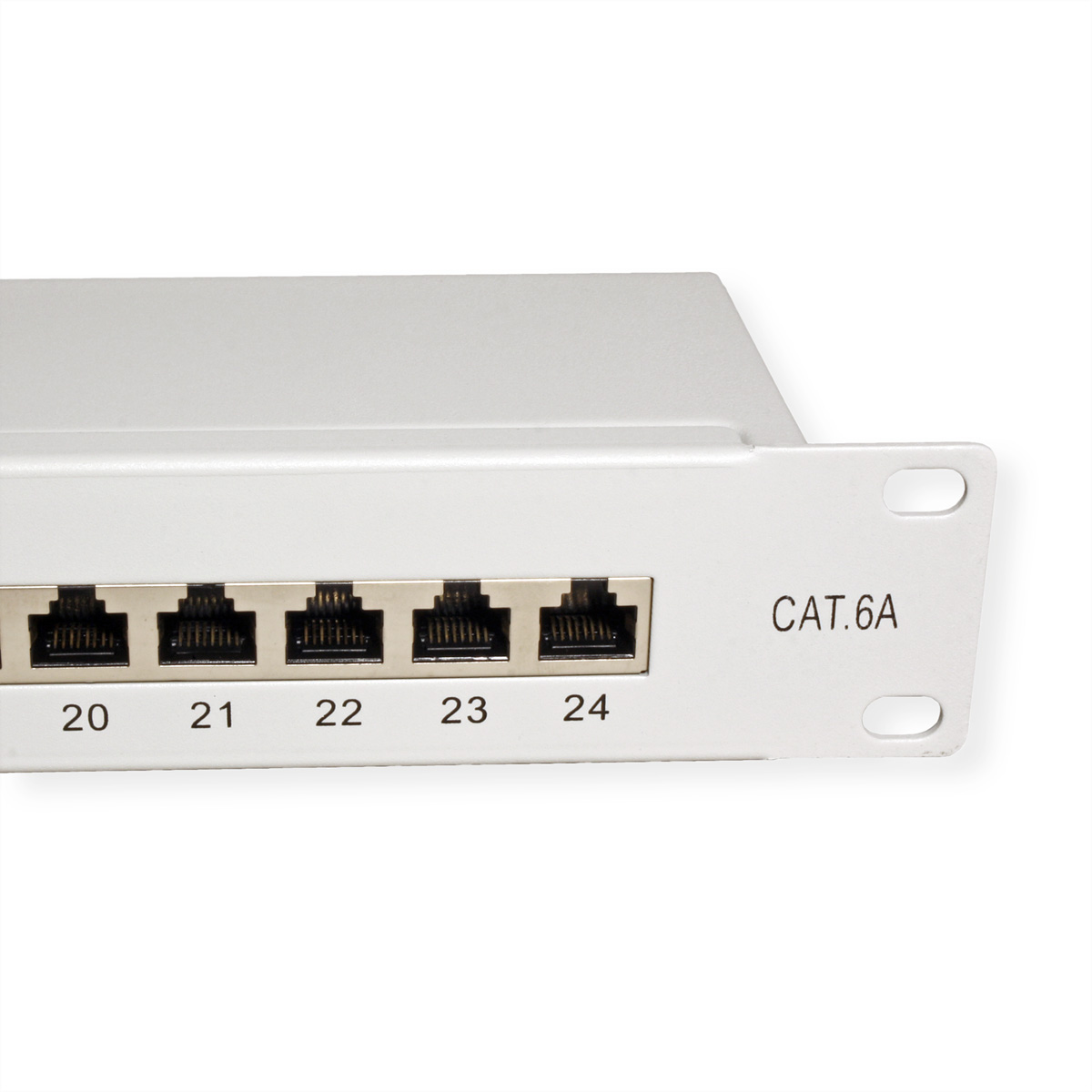 Eine weiße CAT.6A Ethernet-Panel mit mehreren schwarzen Ethernet-Ports, nummeriert.