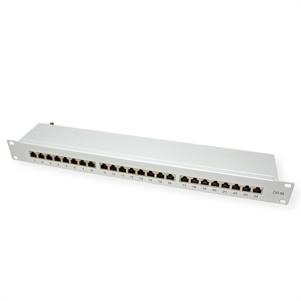 Ein silbernes Patchpanel mit 24 Ports, die mit Zahlen und CAT.6A beschriftet sind, auf weißem Hintergrund.