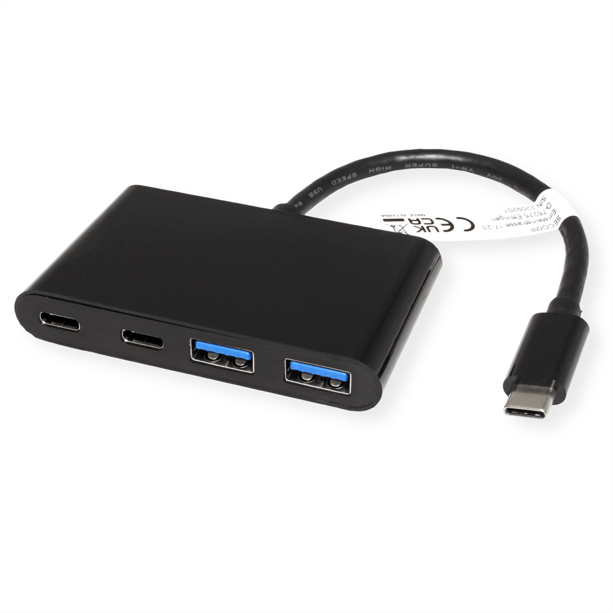 Schwarzer USB-C-Hub mit mehreren Anschlüssen.