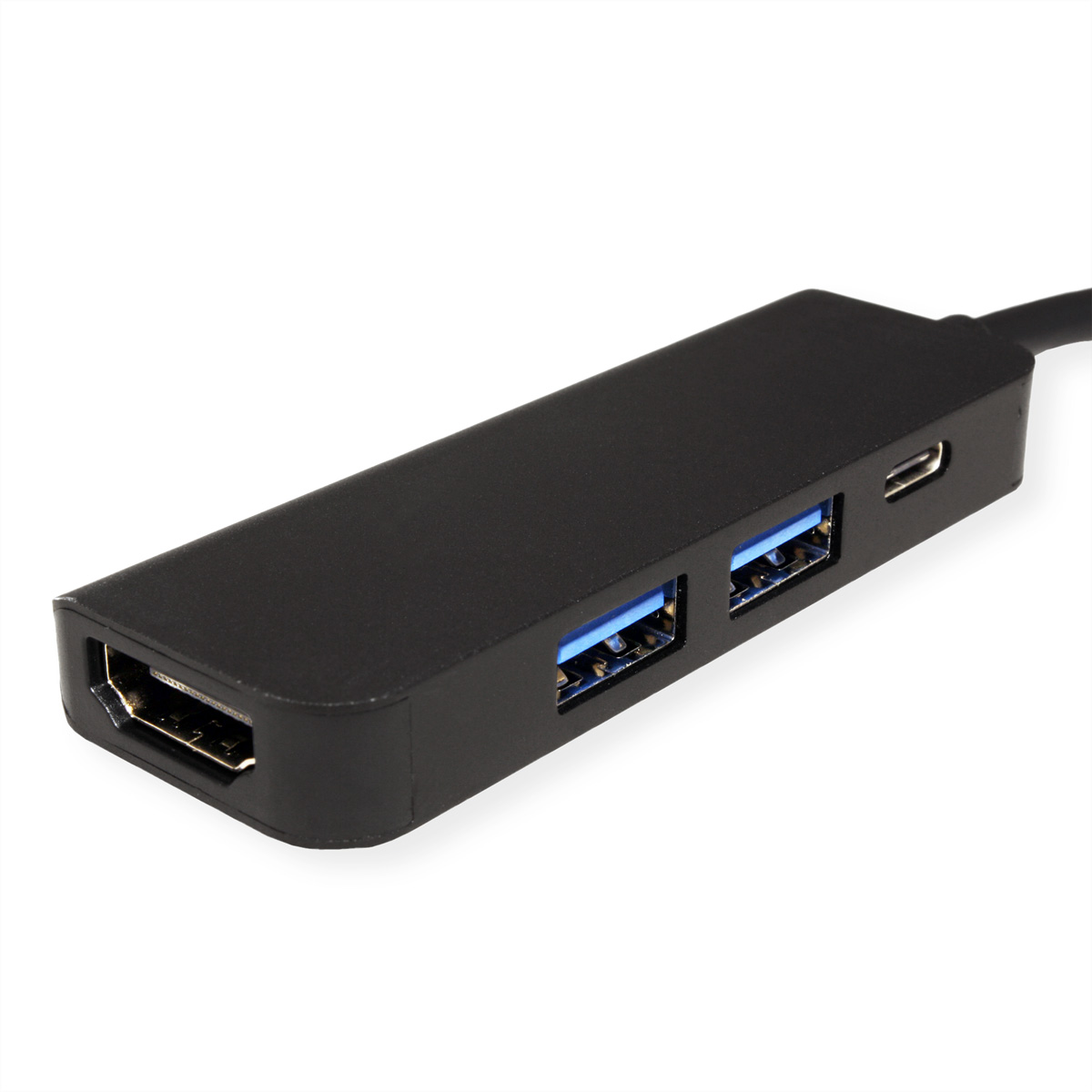 Hub USB noir avec HDMI, ports USB. Vue en angle, fond blanc.