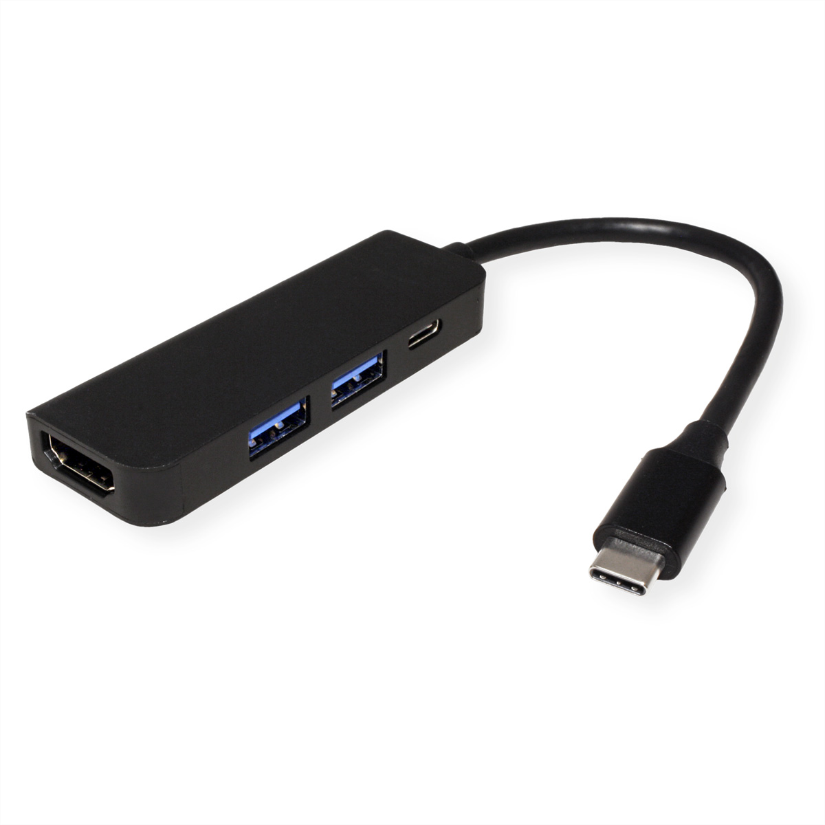 Un hub USB noir avec un port HDMI, des ports USB et un connecteur USB-C.