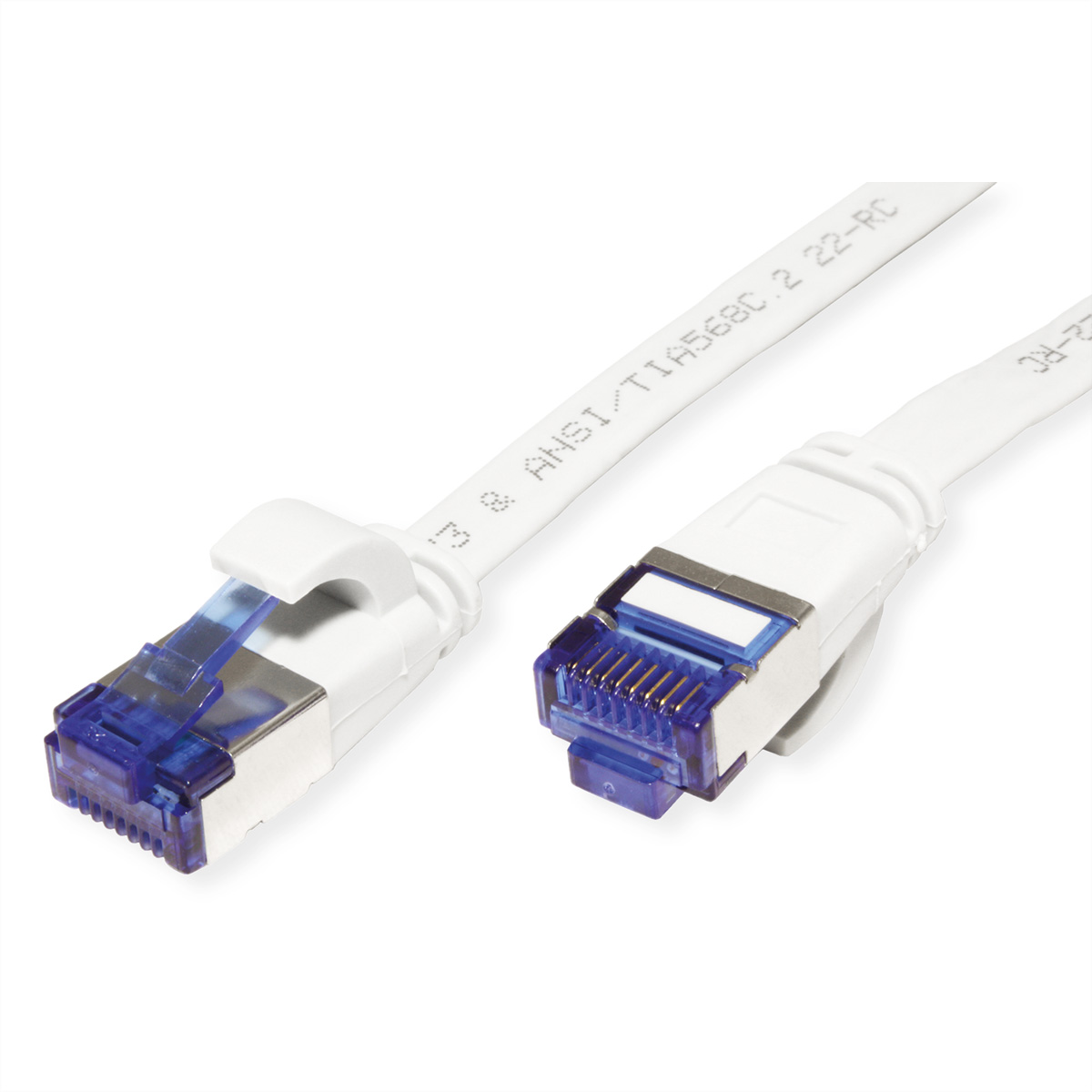Dwa białe kable Ethernet z niebieskimi złączami. Białe tło.