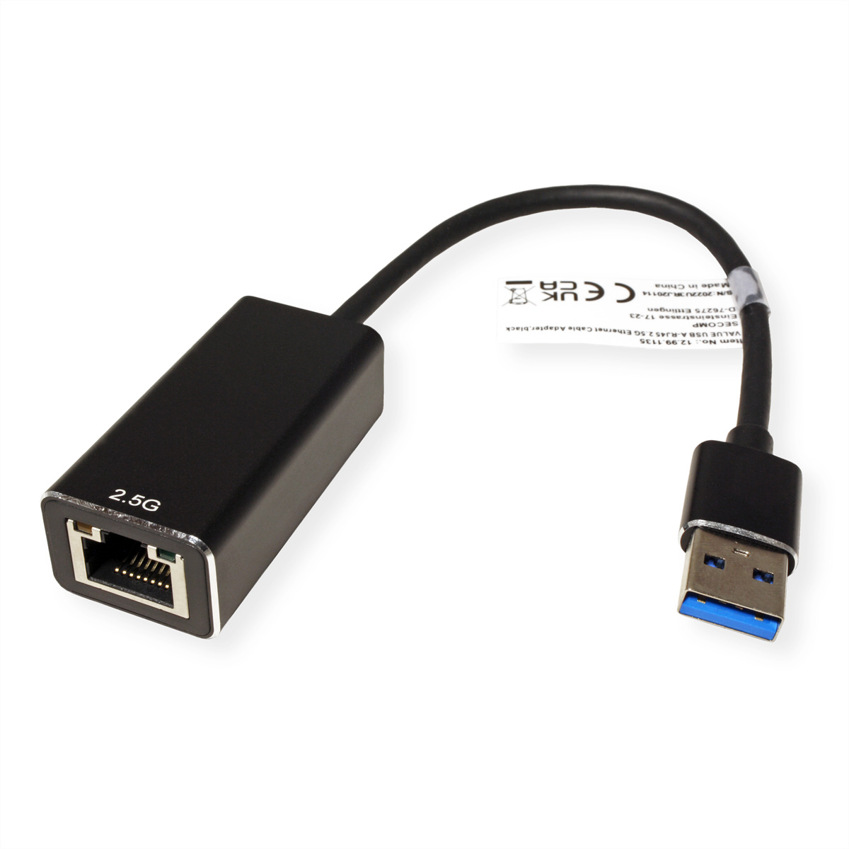 Adaptateur Ethernet noir avec étiquette 2.5G et extrémité USB.