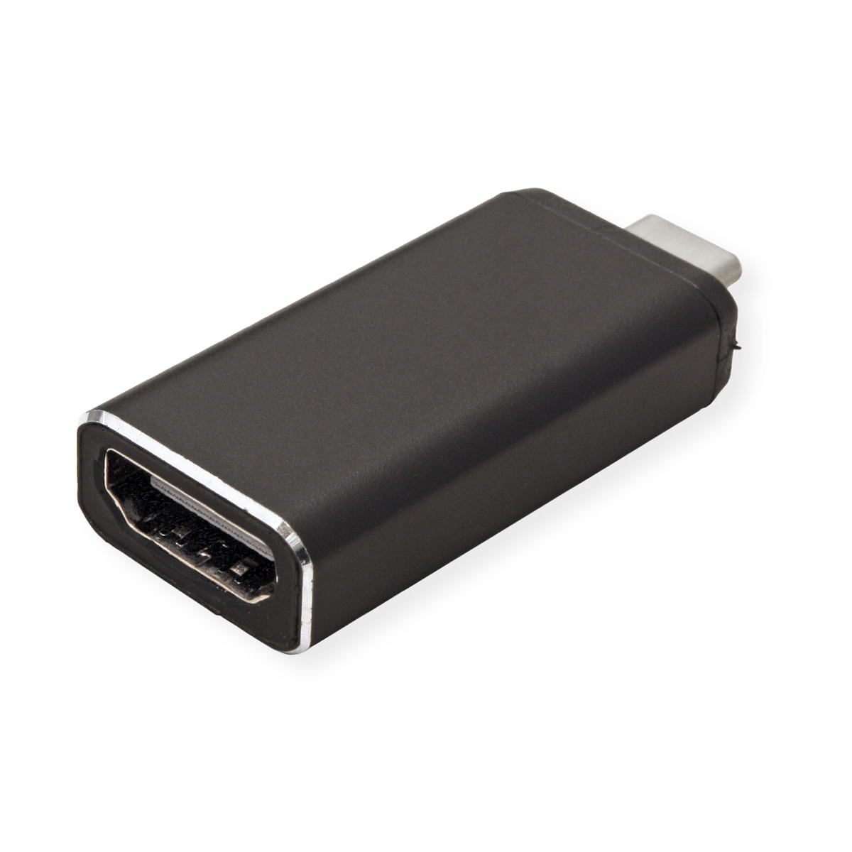 Ein schwarzer Adapter mit einem USB-C-Anschluss und einem HDMI-Anschluss. Isoliert auf weißem Hintergrund.