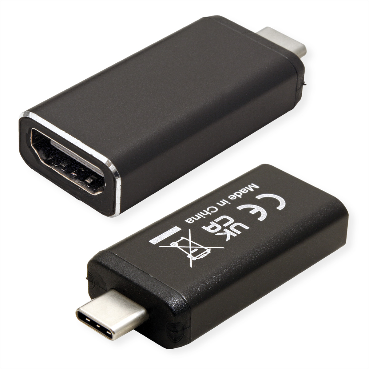 Zwei schwarze HDMI-zu-USB-C-Adapter. Einer zeigt den HDMI-Anschluss, der andere den USB-C-Anschluss.