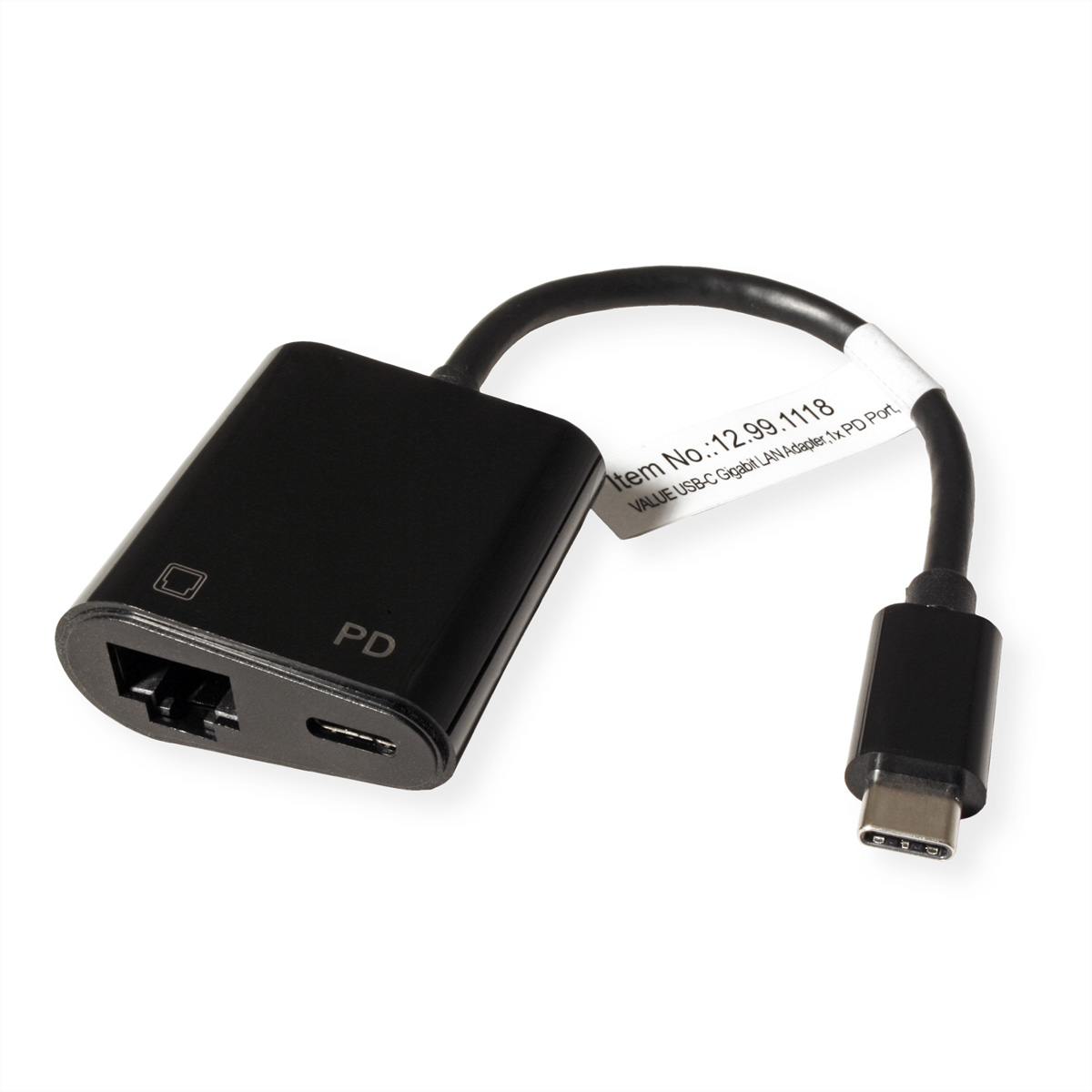Adaptateur USB-C noir avec port Ethernet et port USB-C. Une étiquette blanche est attachée au câble.