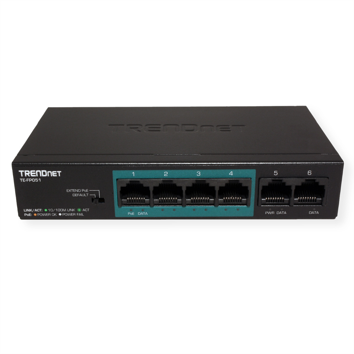 Ein schwarzer TRENDnet-Netzwerk-Switch mit sechs Anschlüssen, Beschriftungen und Kontrollleuchten.
