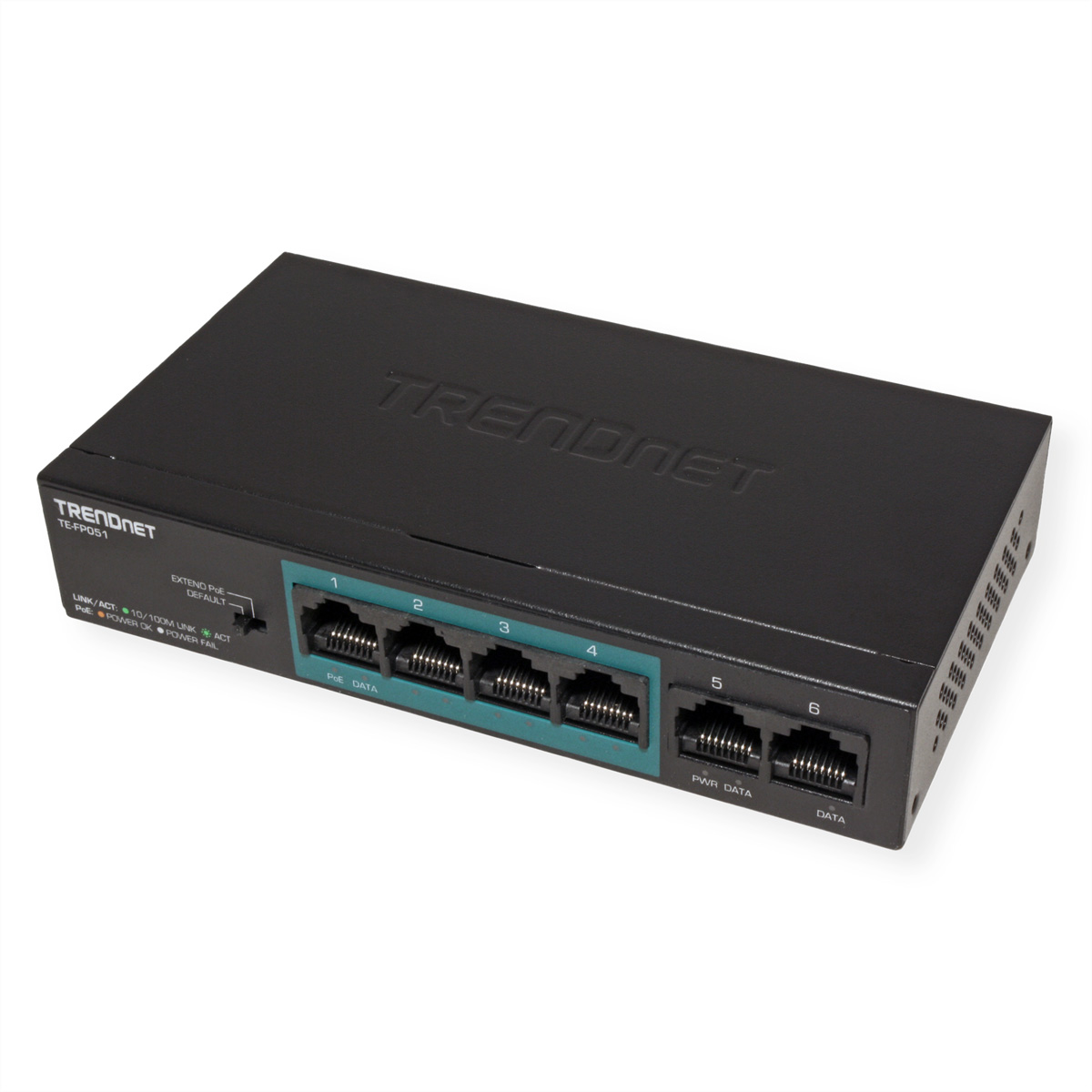 Schwarzer TRENDnet Netzwerk-Switch mit sechs Ports. Textbeschriftungen und LED-Anzeigen sichtbar.