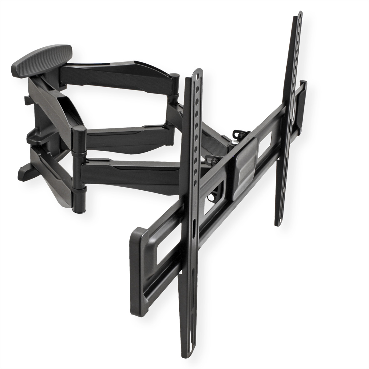Soporte de pared para TV negro, articulado, con múltiples brazos ajustables.