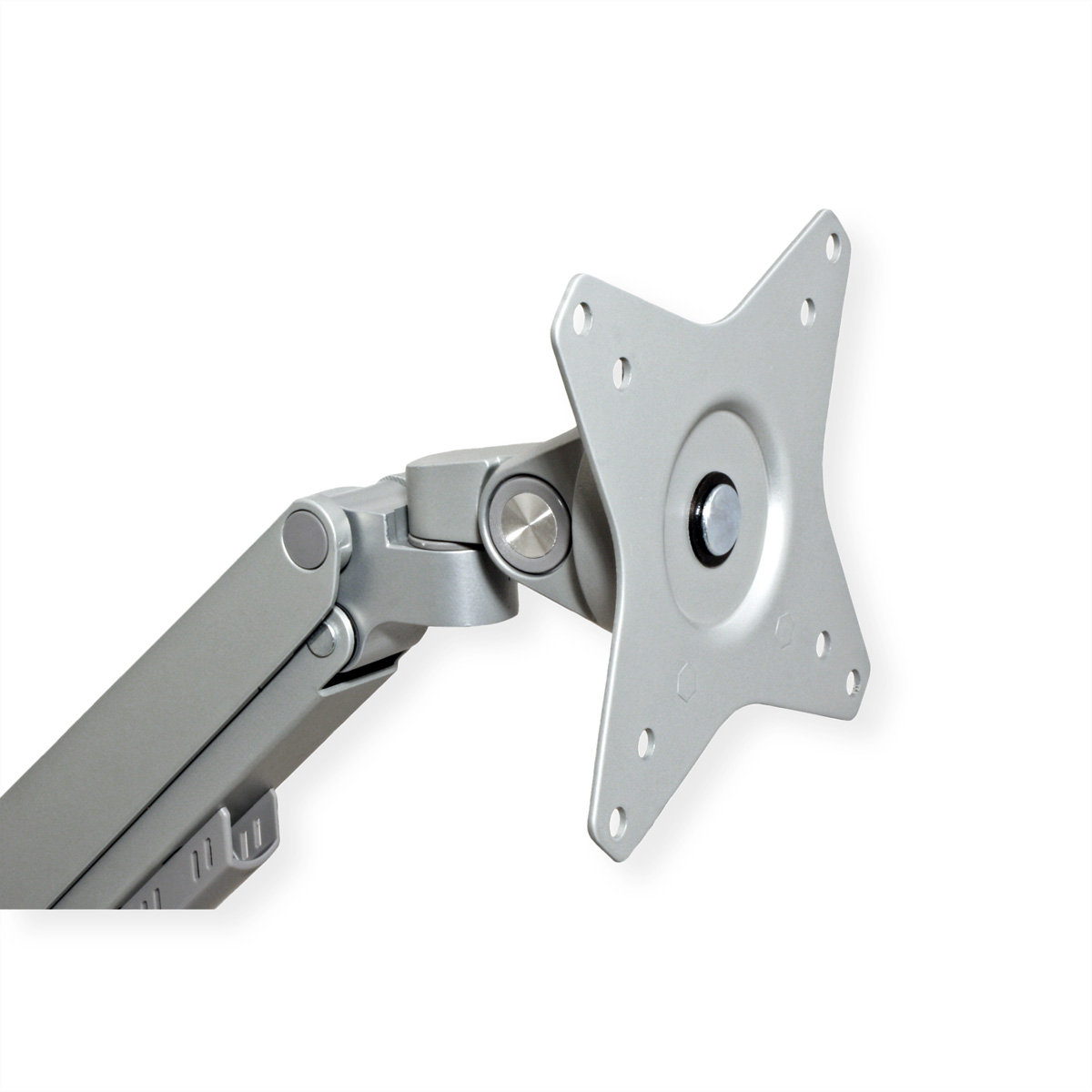 Silberner Monitorarm mit einer Metall-Montageplatte.