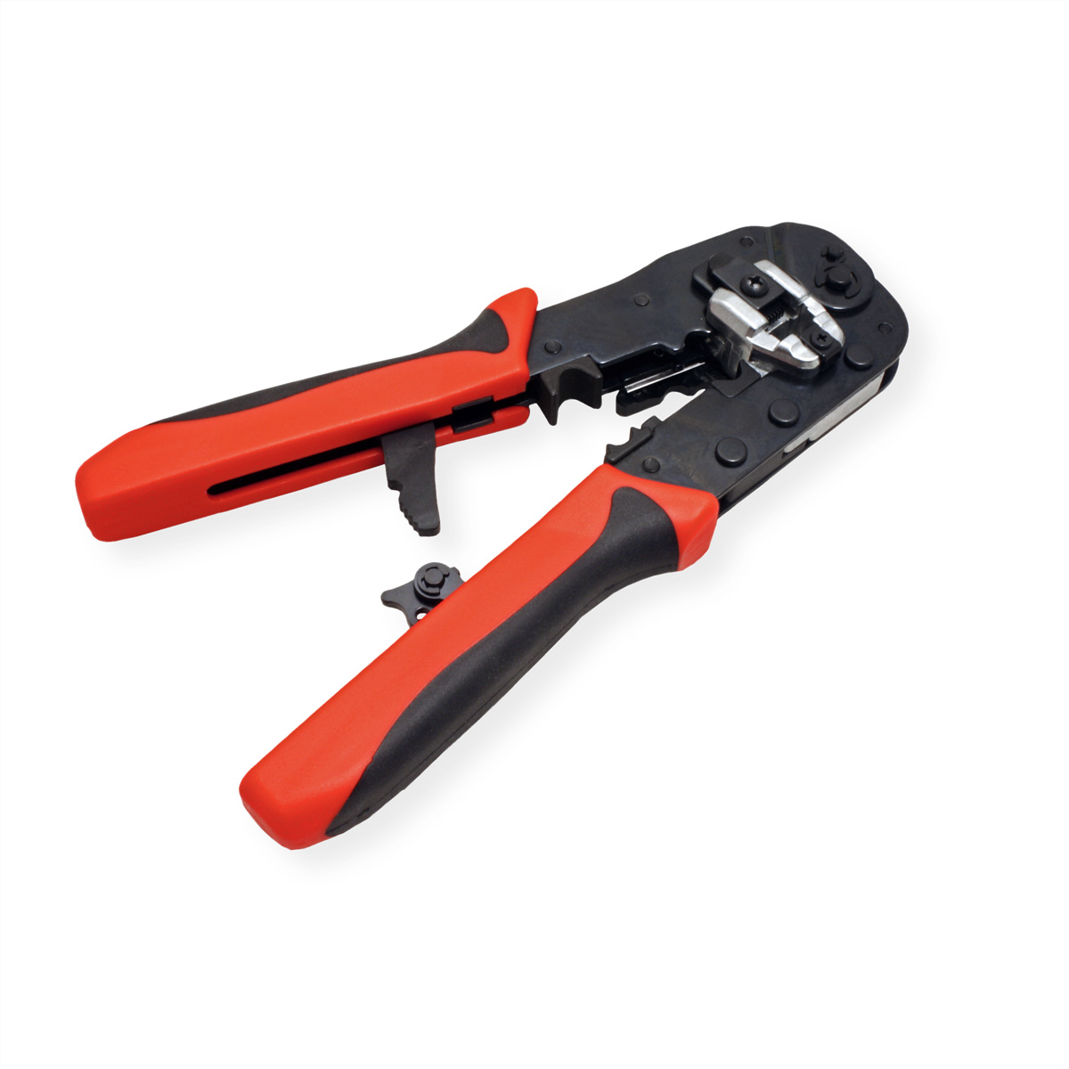 Red and black crimping tool on a white background.
