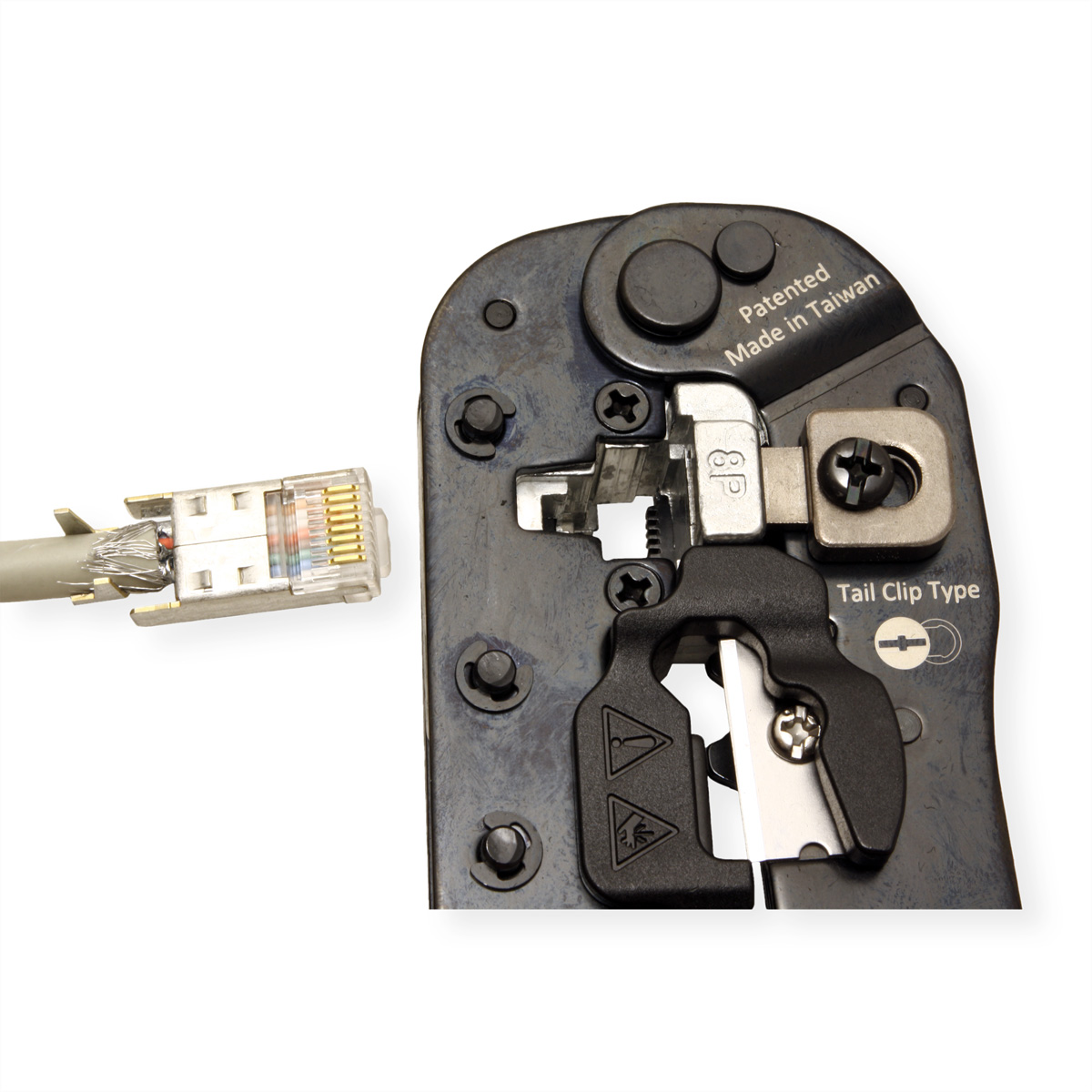 Network cable next to a crimping tool on a white background.