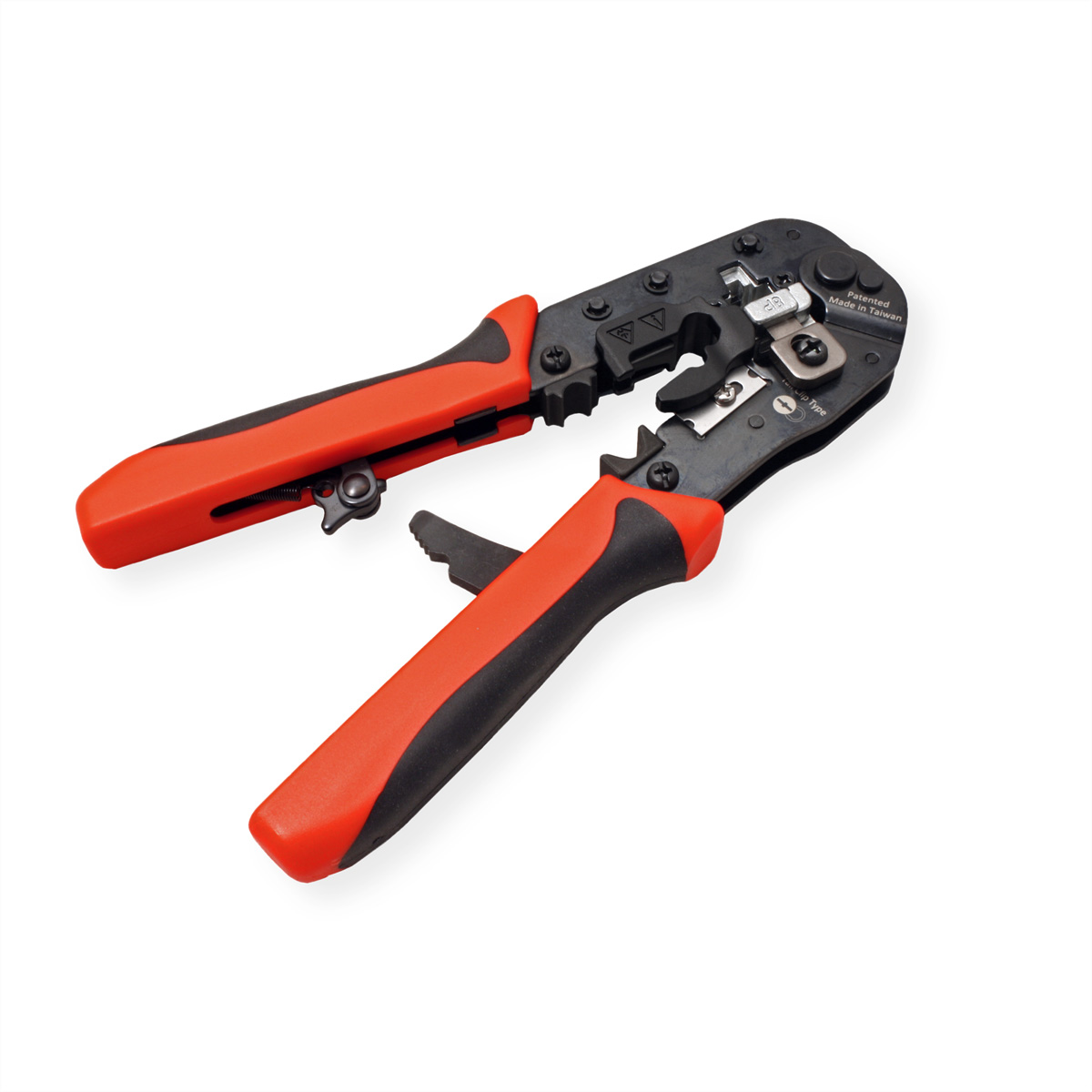 A red and black crimping tool, open, against a white background.