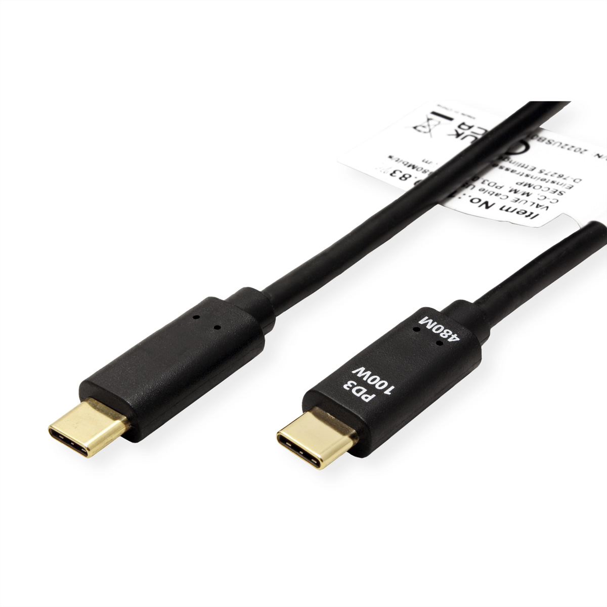 Schwarzes USB-C-Kabel mit goldenen Steckern, beschriftet mit PD3 100W, 480M und weißem Etikett.