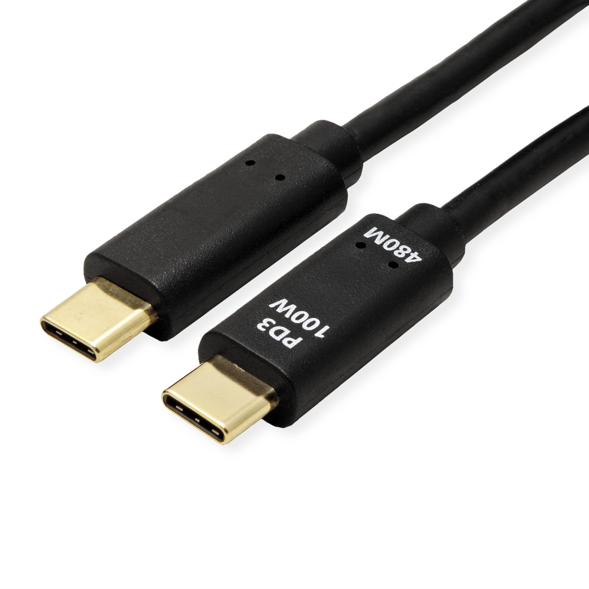 Twee zwarte USB-C-kabels met gouden connectoren. Ze zijn gemarkeerd met PD3 100W en 480M.