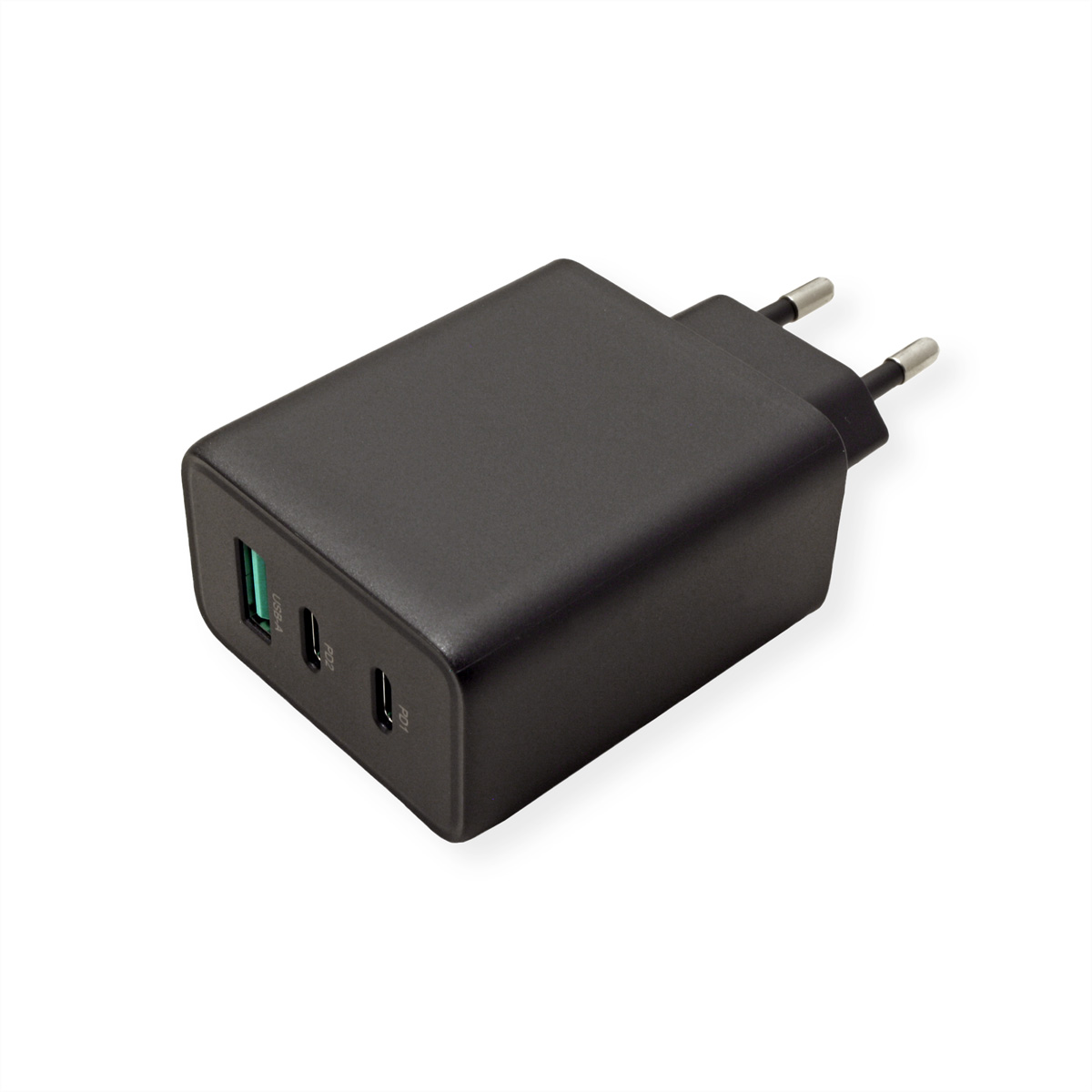Chargeur noir avec deux broches et deux ports USB. Une prise de vue claire d'un appareil de charge.
