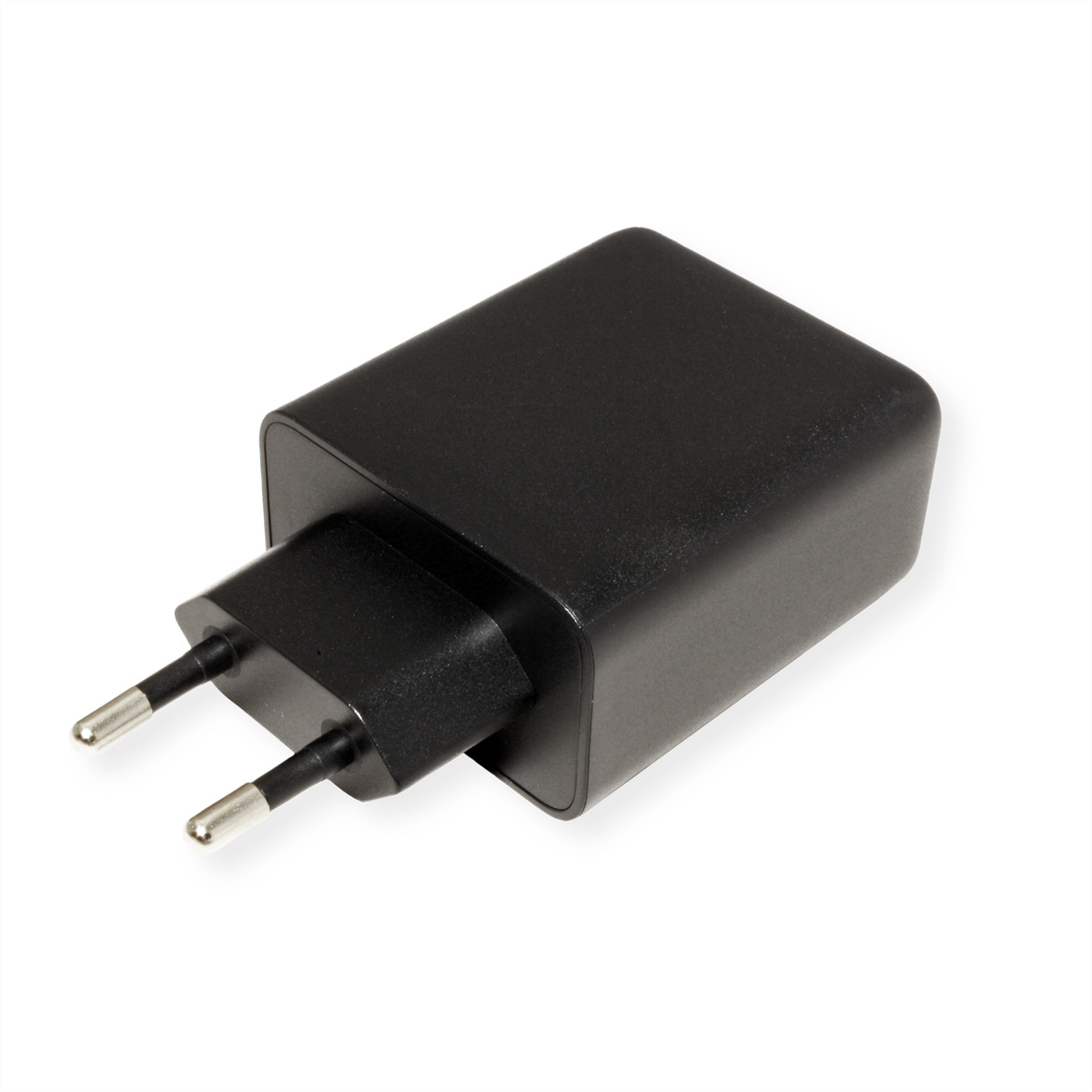 Un adaptateur secteur rectangulaire noir avec deux broches sur fond blanc.