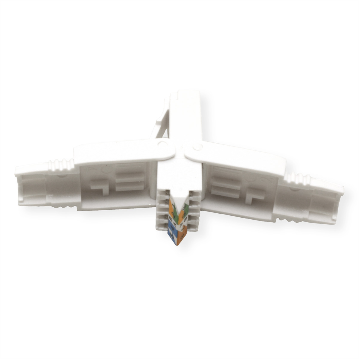 Connecteur RJ45 blanc, en forme de croix, avec fils colorés visibles à l'intérieur.
