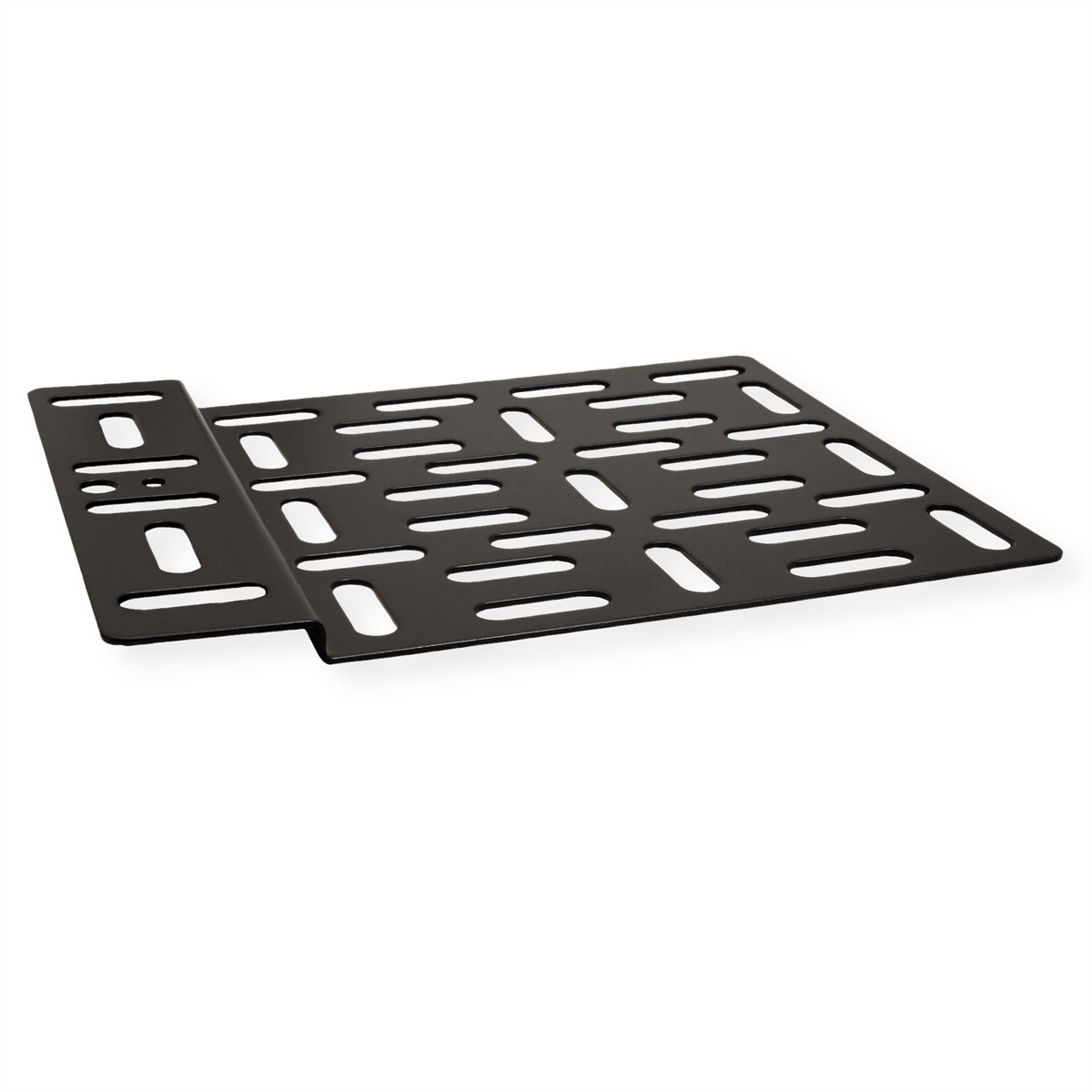Black metal grate with a series of horizontal and vertical slots. The design is geometric and symmetrical.