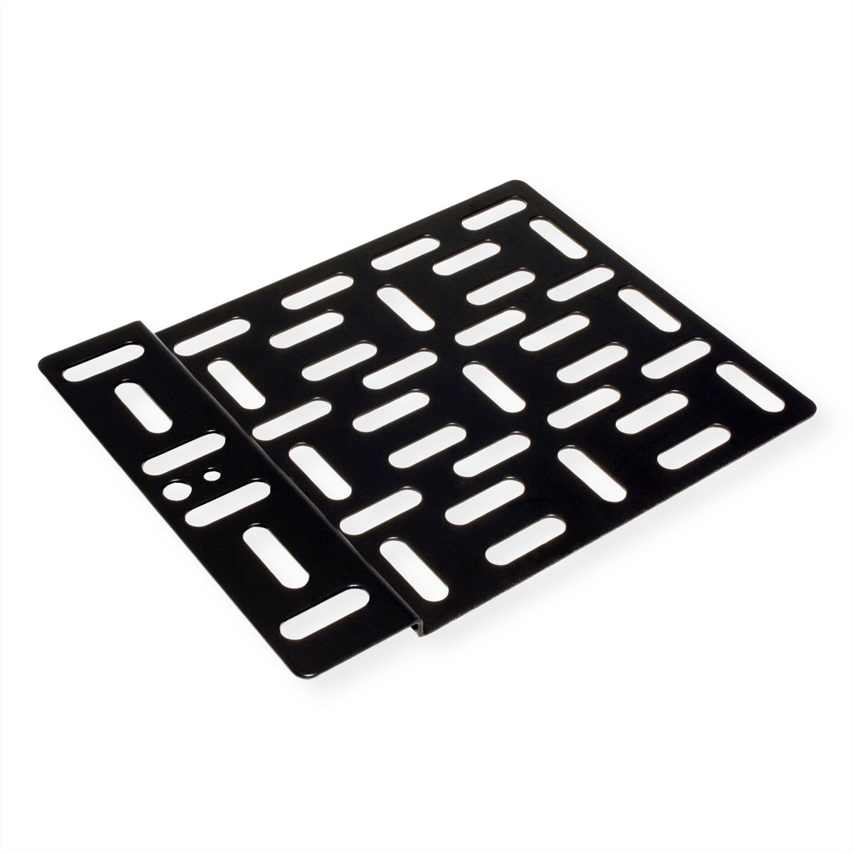 Black metal grid, with rectangular and oval cutouts, on a white background.