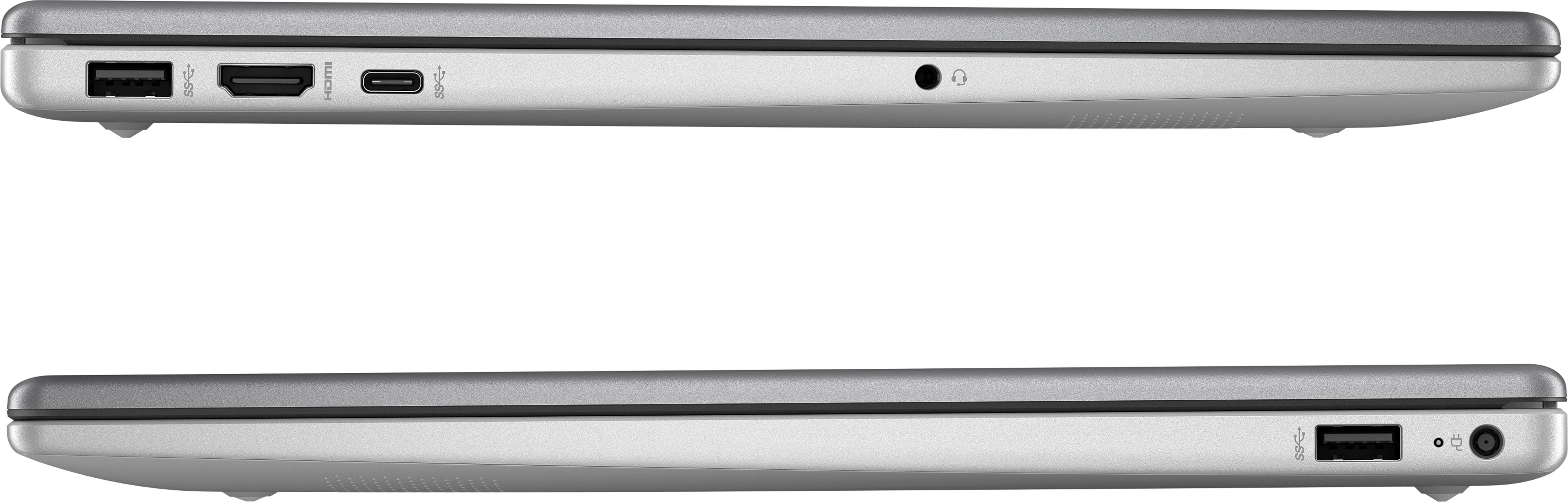 Seitenansicht eines silbernen Laptops, mit Anschlüssen und Designdetails.