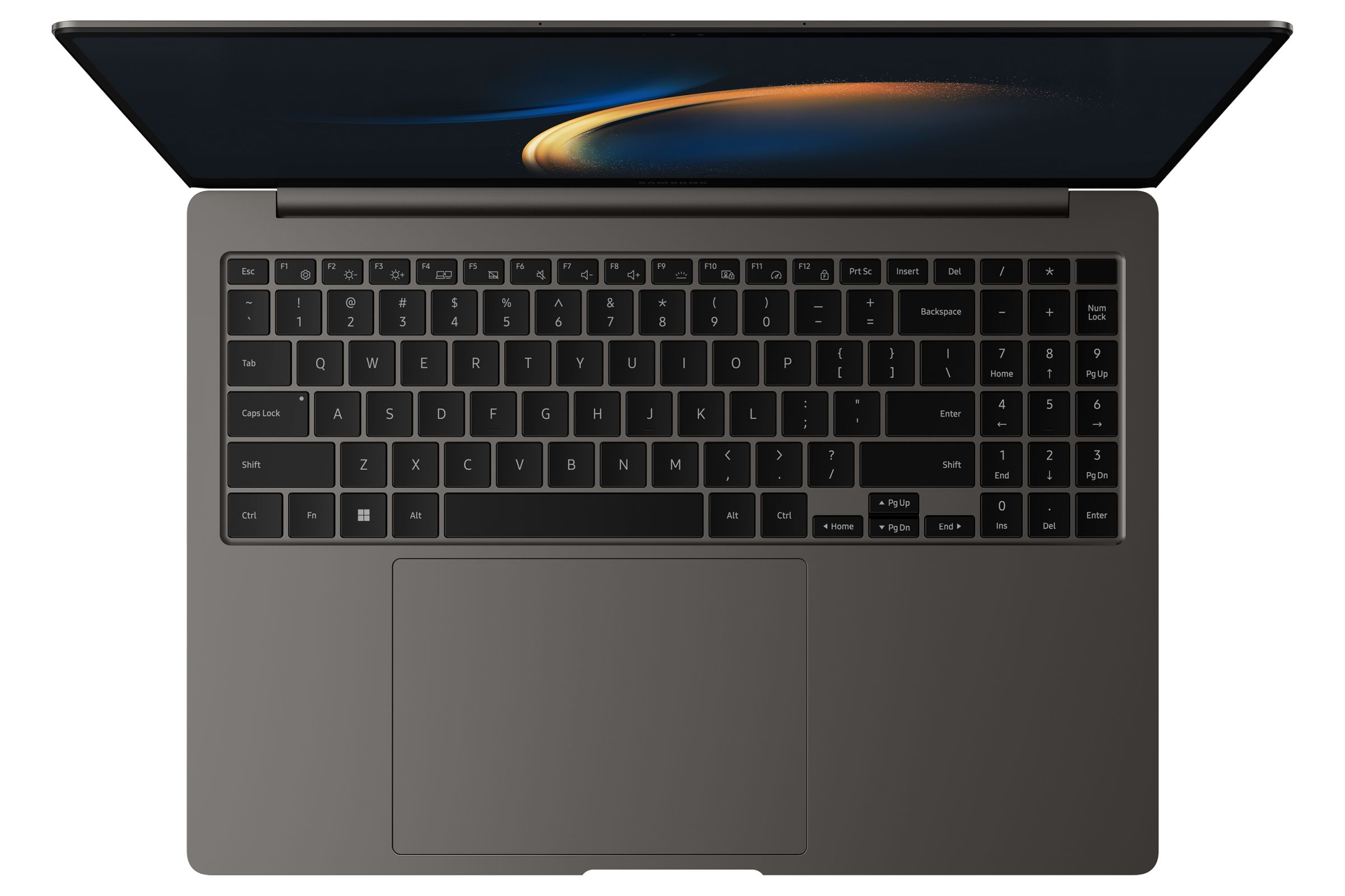 Ordenador portátil, vista superior. Cuerpo gris oscuro, tapa abierta, teclado visible.