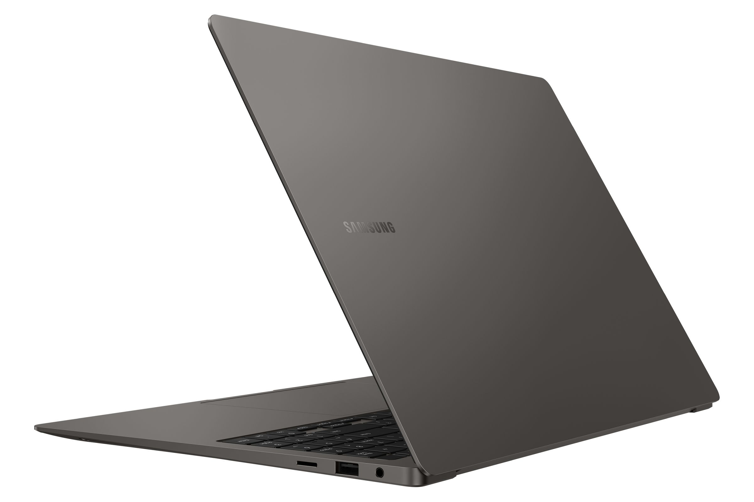 Laptop gris, ligeramente abierto. Logotipo de Samsung visible.