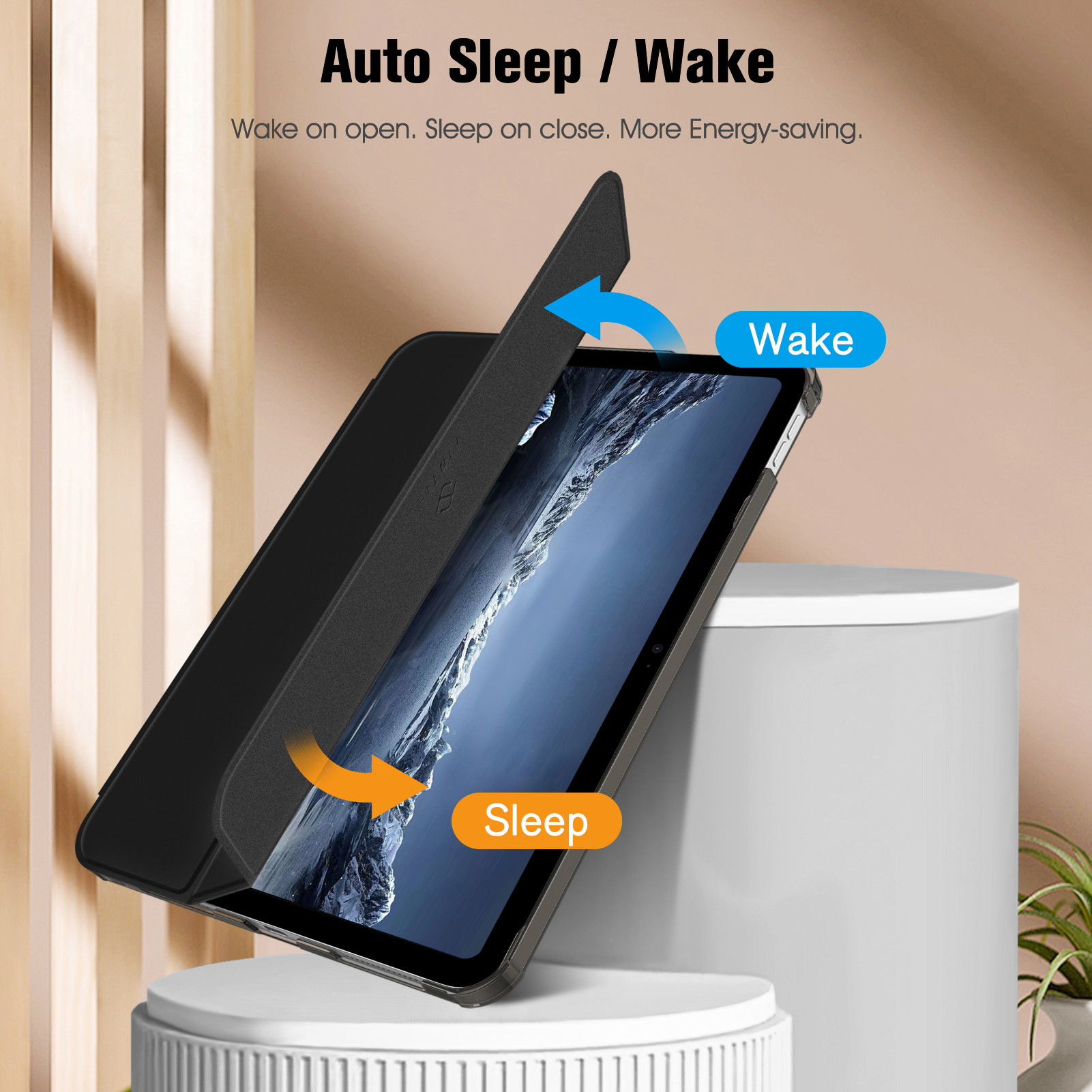 Schwarzes Tablet in einem Gehäuse. Text: Auto Sleep/Wake, Wake on open, Sleep on close.