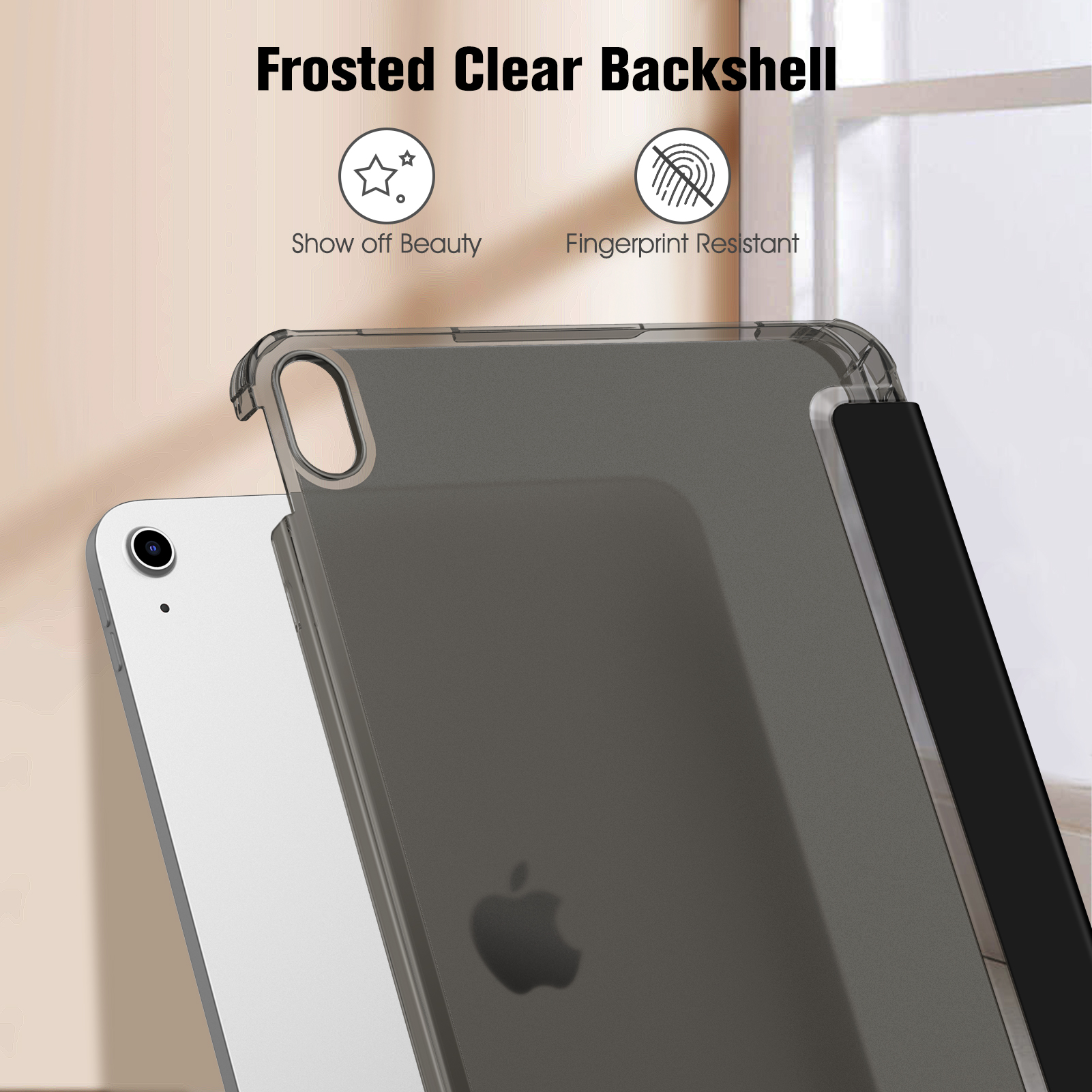 Transparente Backshell-Hülle für ein Tablet. Die Hülle liegt auf einer weißen Oberfläche.