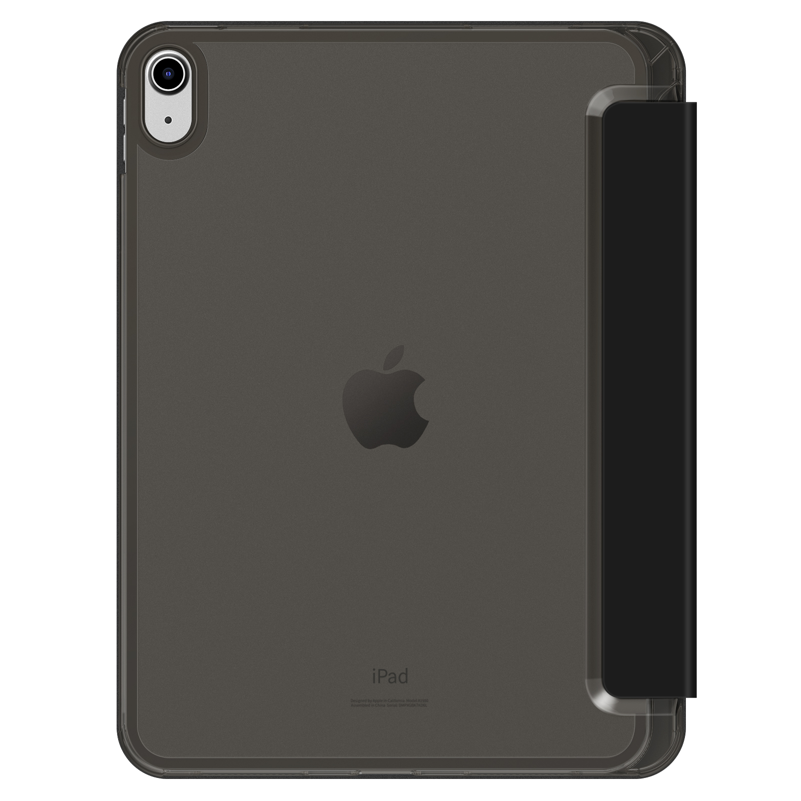 Schwarzes iPad mit Hülle. Die Hülle ist schwarz. Weißer Hintergrund. Das Apple-Logo ist sichtbar.