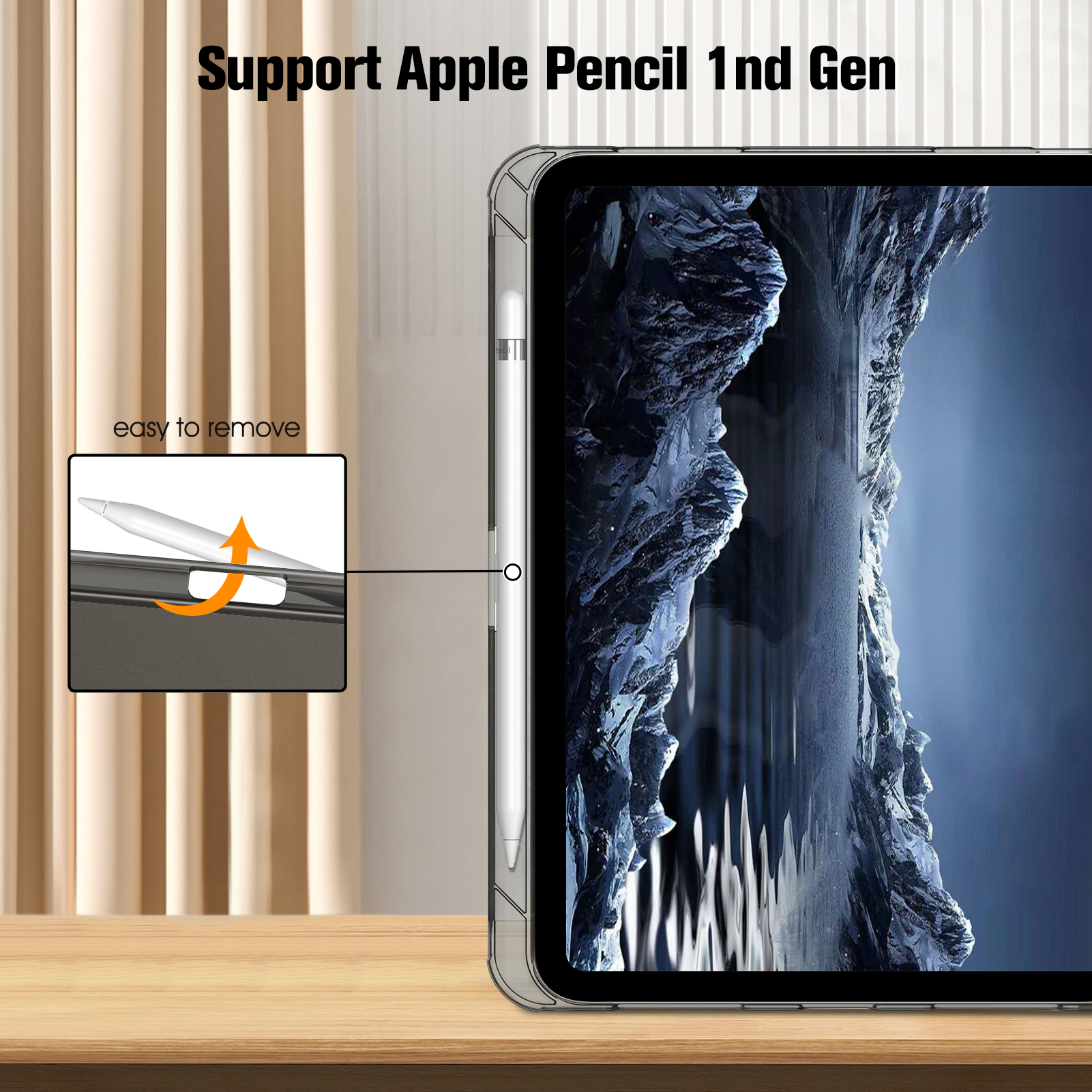 Ein Tablet mit durchsichtiger Hülle und Bleistift. Text sagt unterstützt Apple Pencil 1st Gen.