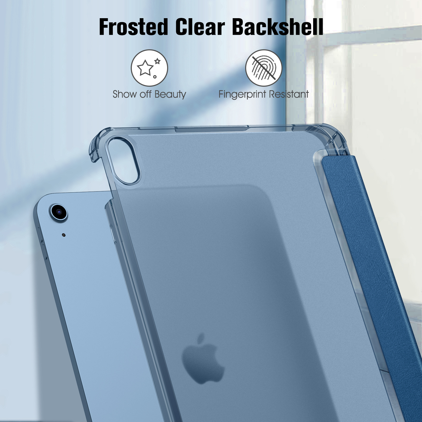 Eine blaue Tablethülle mit durchsichtigem Rücken und Text über Fingerabdruckschutz.