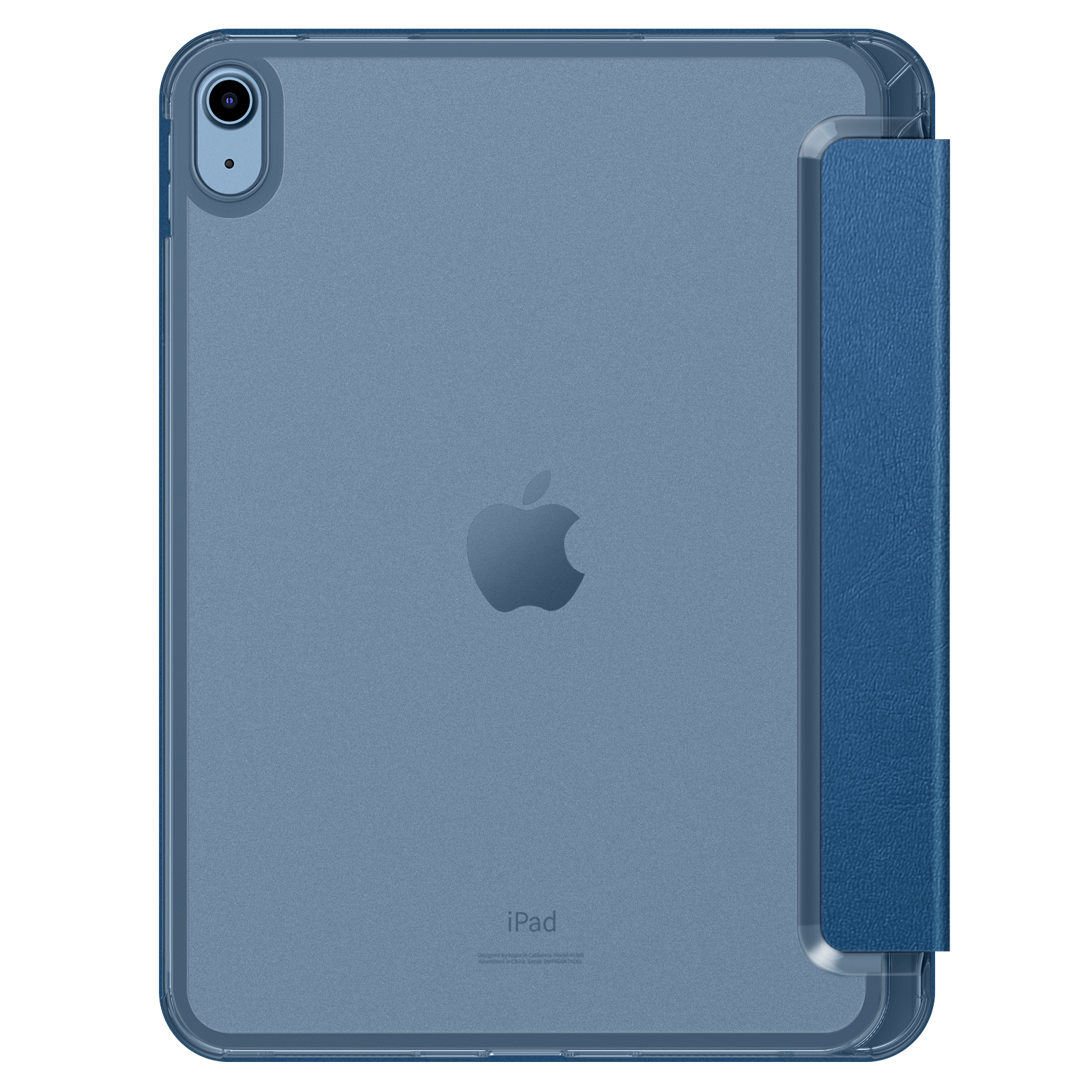 Ein blaues Tablet mit blauem Cover in einer transparenten Schutzhülle. Die Rückseite ist sichtbar.