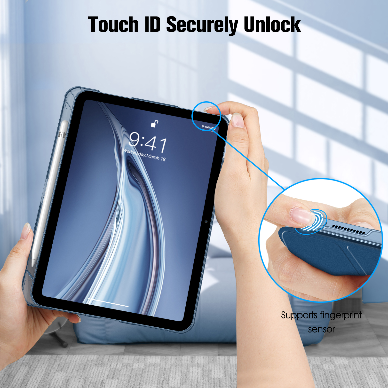 Die Hand einer Person berührt den Bildschirm des iPads, zeigt den Fingerabdrucksensor.