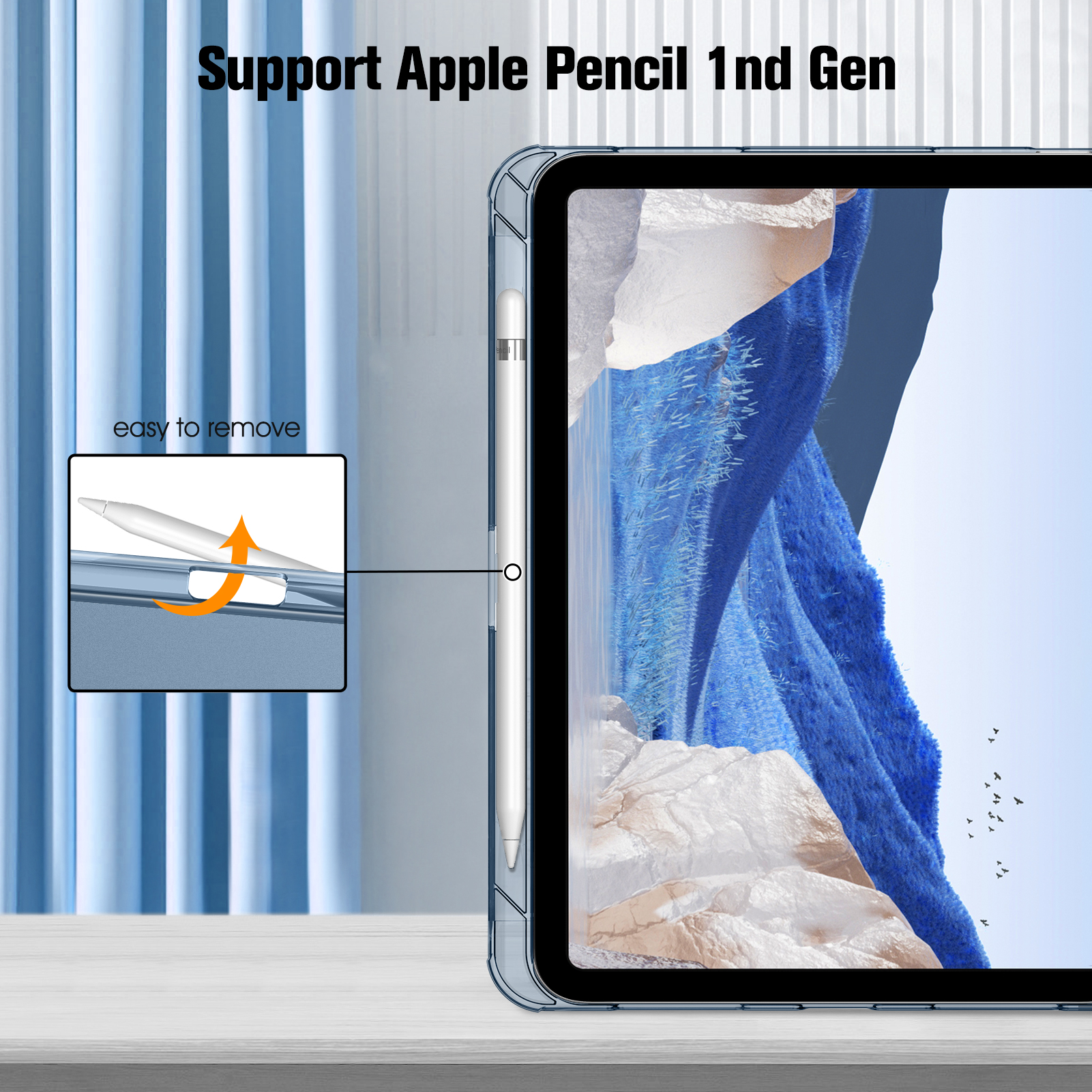 iPad-Hülle mit Apple Pencil. Die Hülle ist transparent.
