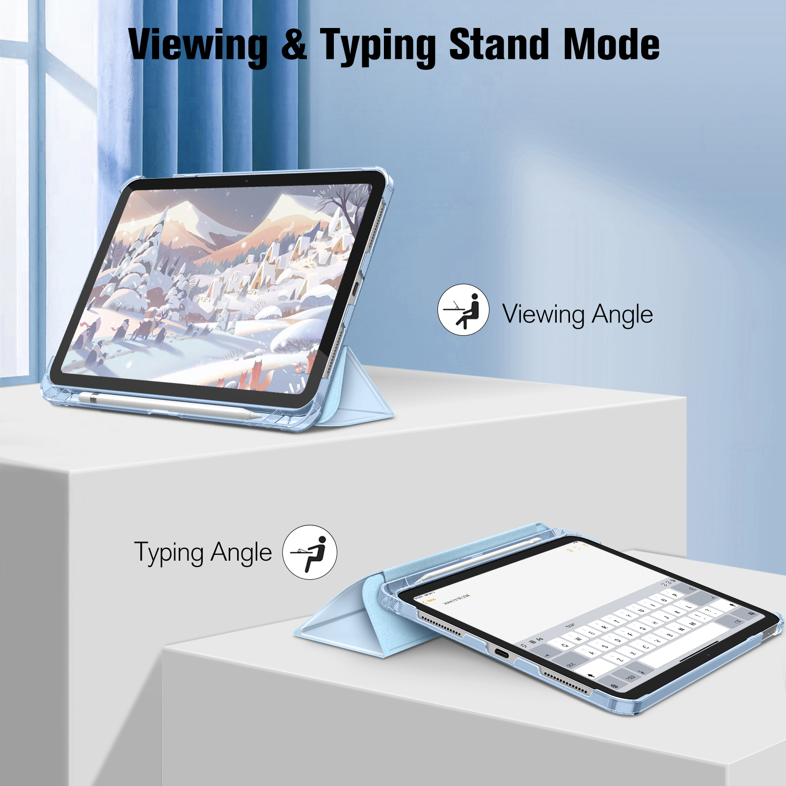 Tablet in blauem Gehäuse, Schreib- und Betrachtungswinkelmodi, mit Text.