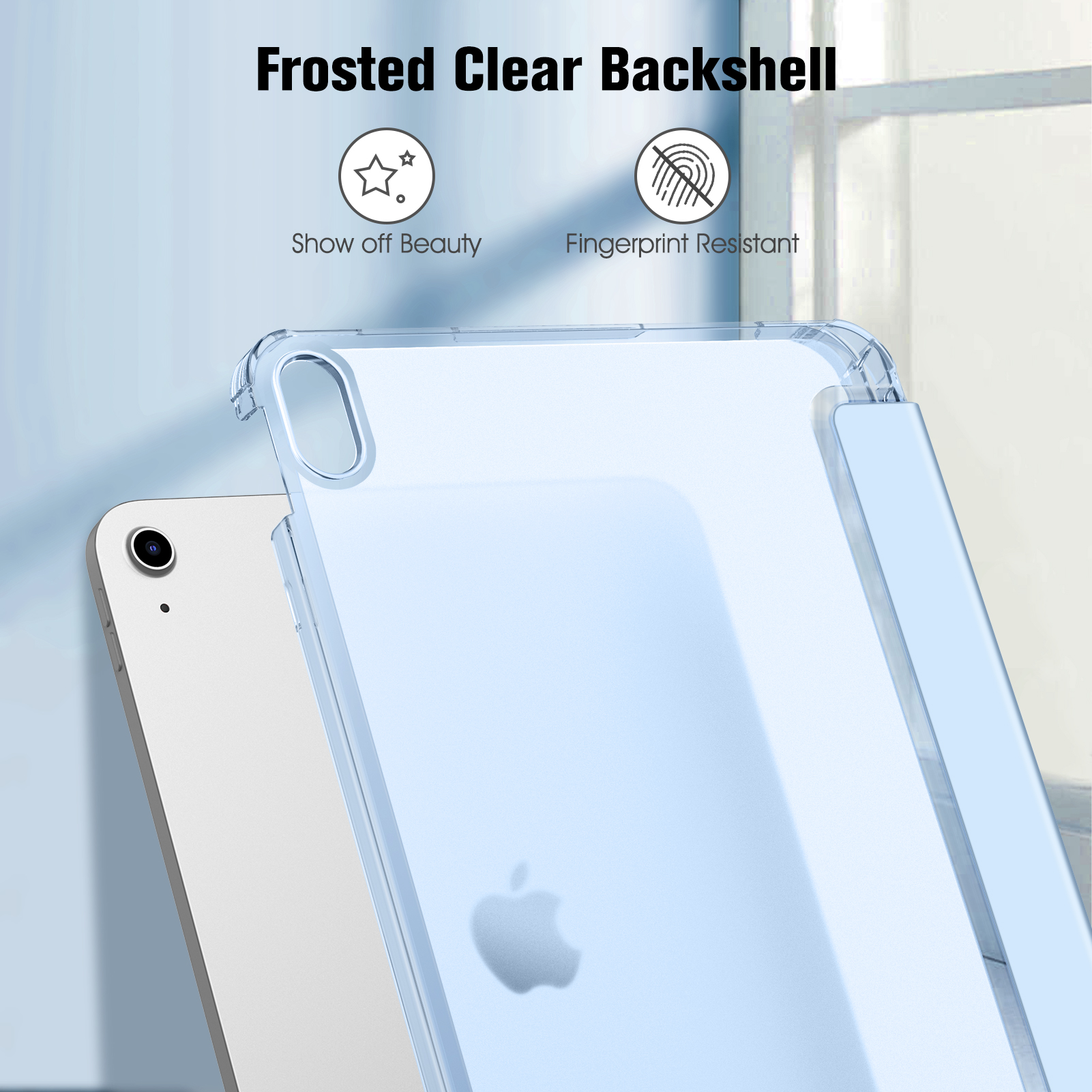 Eine transparente Handyhülle auf einem iPad. Die Hülle hat den Text 'Frosted Clear Backshell'.