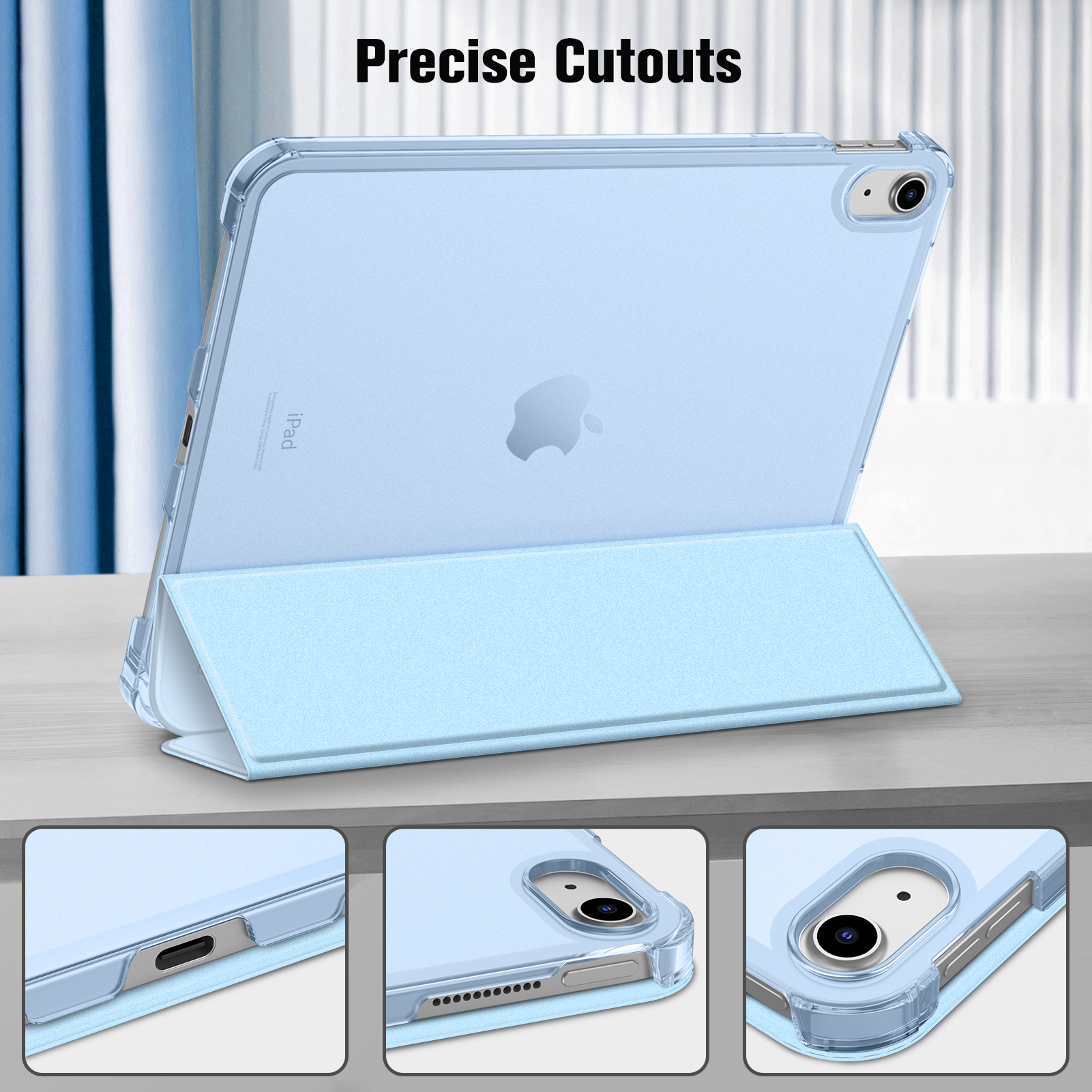 Ein hellblaues iPad in einer Hülle, mit präzisen Aussparungen und Ständer.