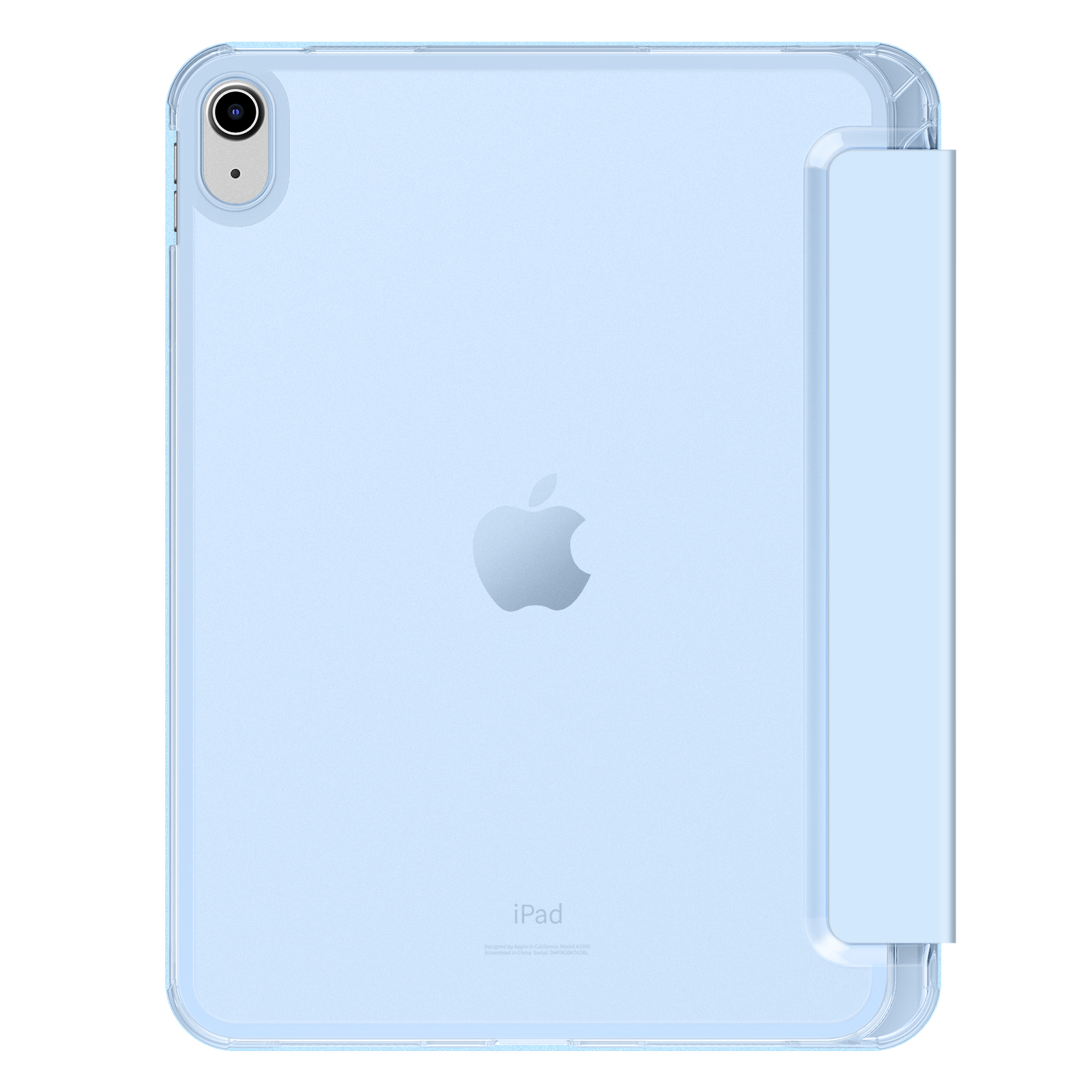 Blaue iPad-Hülle mit Apple-Logo, mit geöffneter, klappbarer Abdeckung.